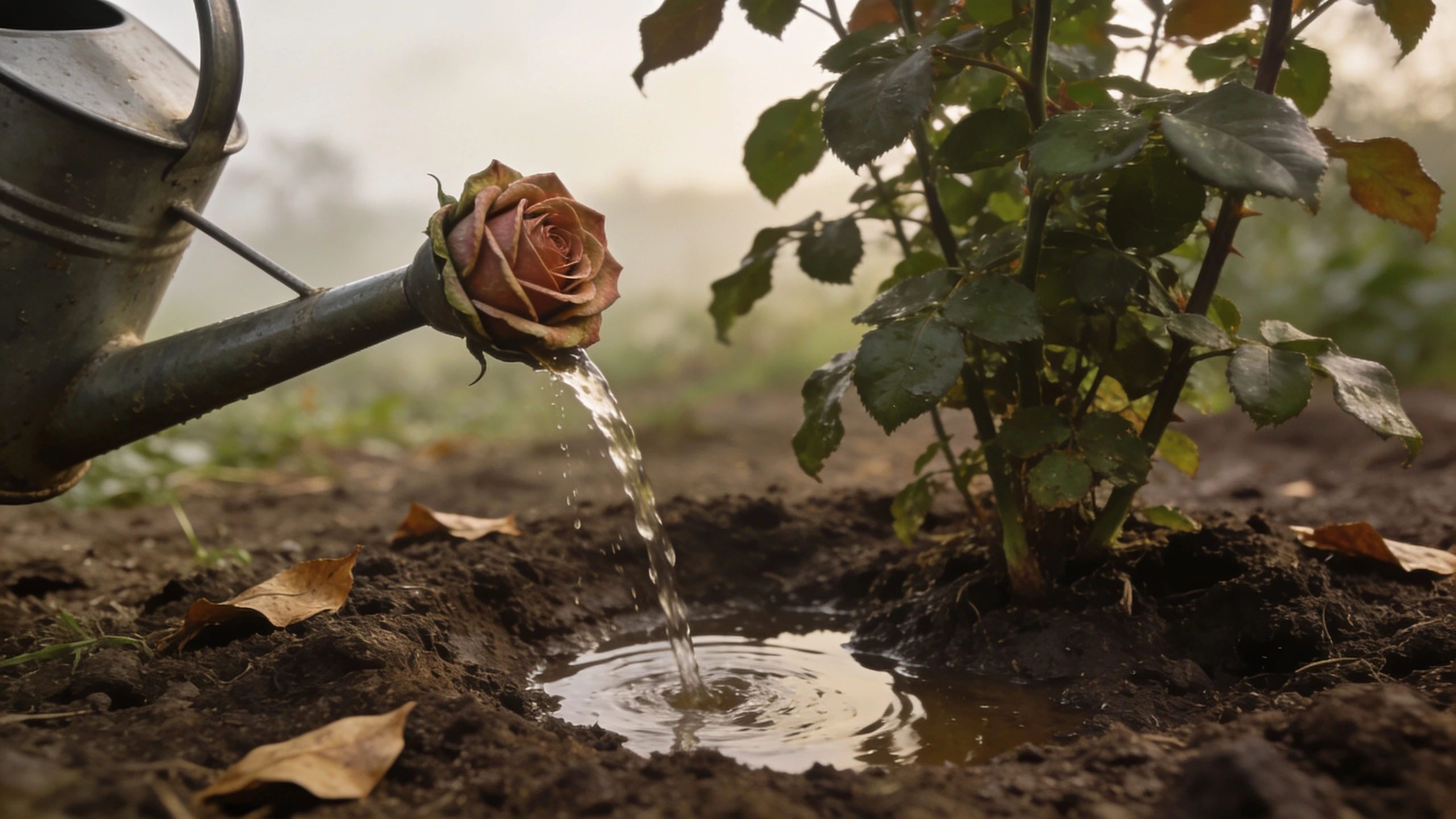 Watering a bed deeply at the base of the plant Watering can with a rose head pouring slowly onto soil at the base of a plant
