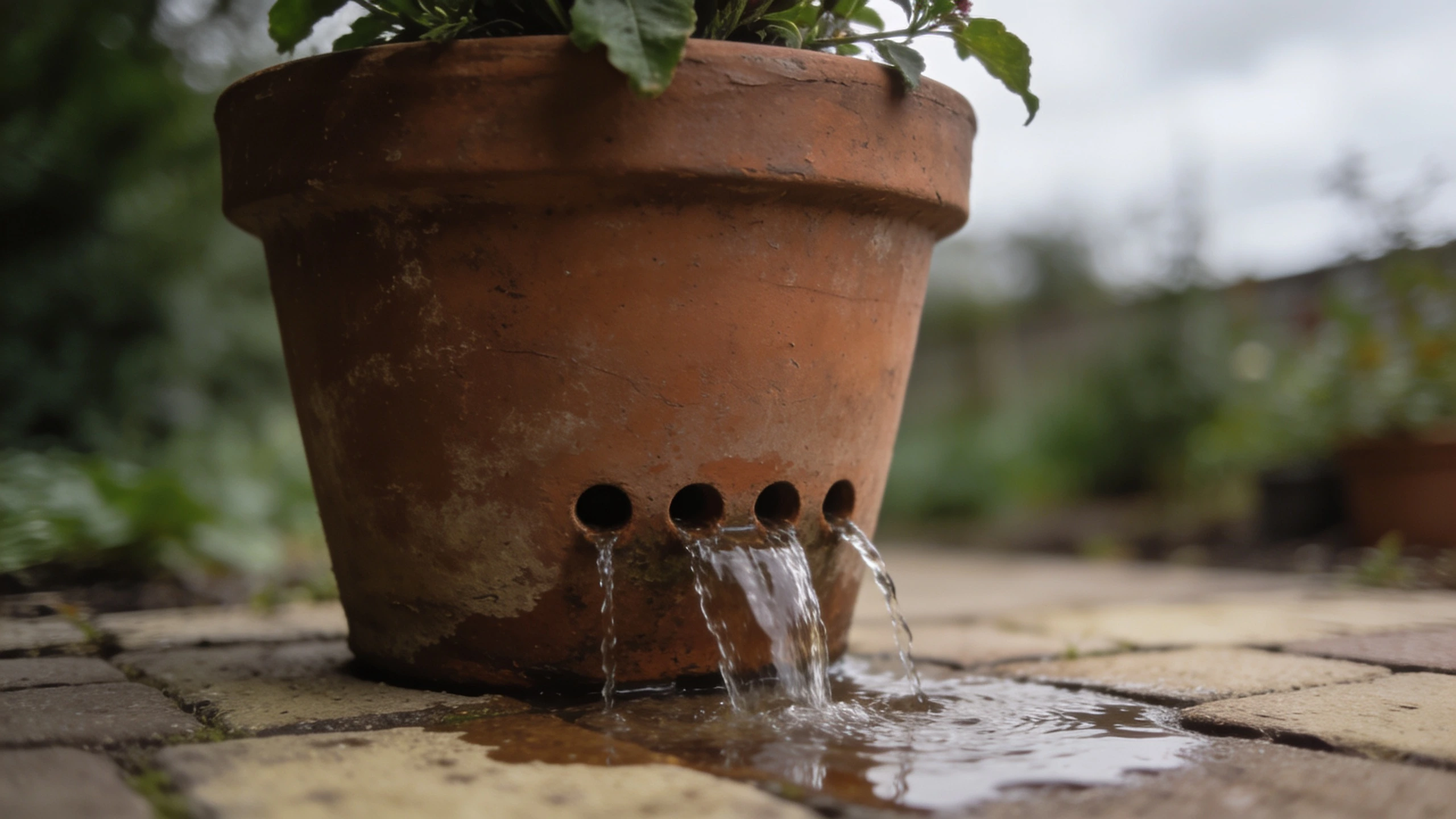 Watering a container until it drains freely Water running out of the drainage holes at the base of a large terracotta pot