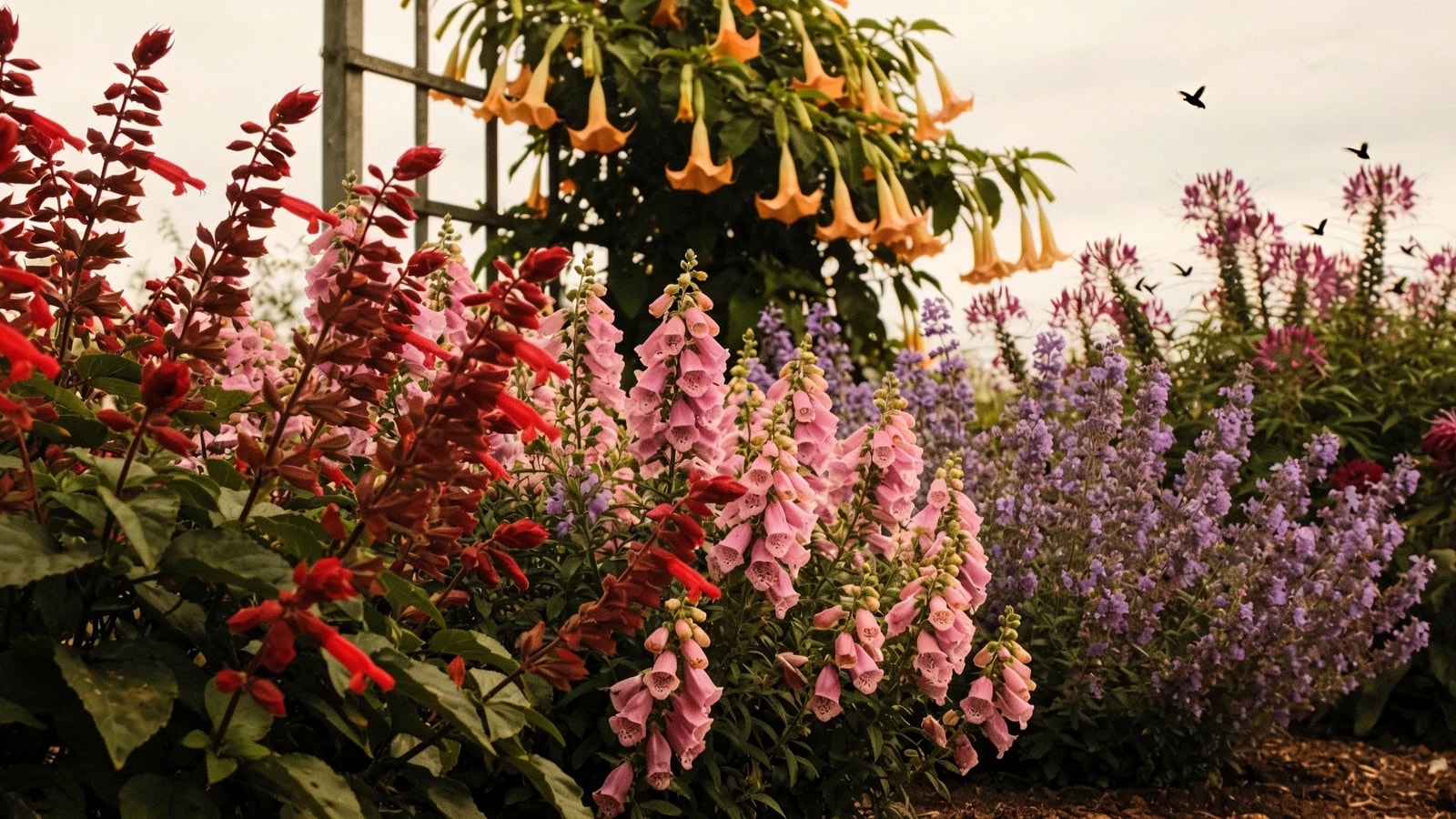 Sunny border with separate drifts of salvia, penstemon, agastache and monarda in flower