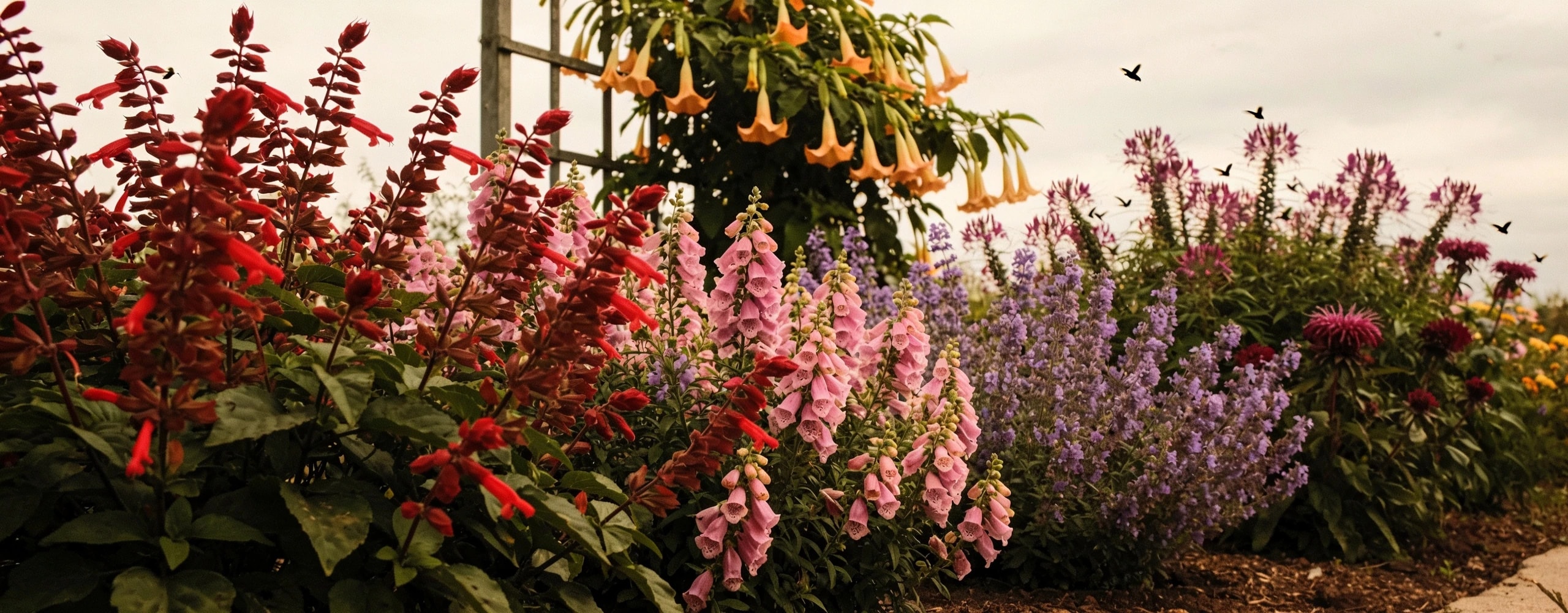 Tubular flowers in separate drifts, and no feeder Sunny border with separate drifts of salvia, penstemon, agastache and monarda in flower