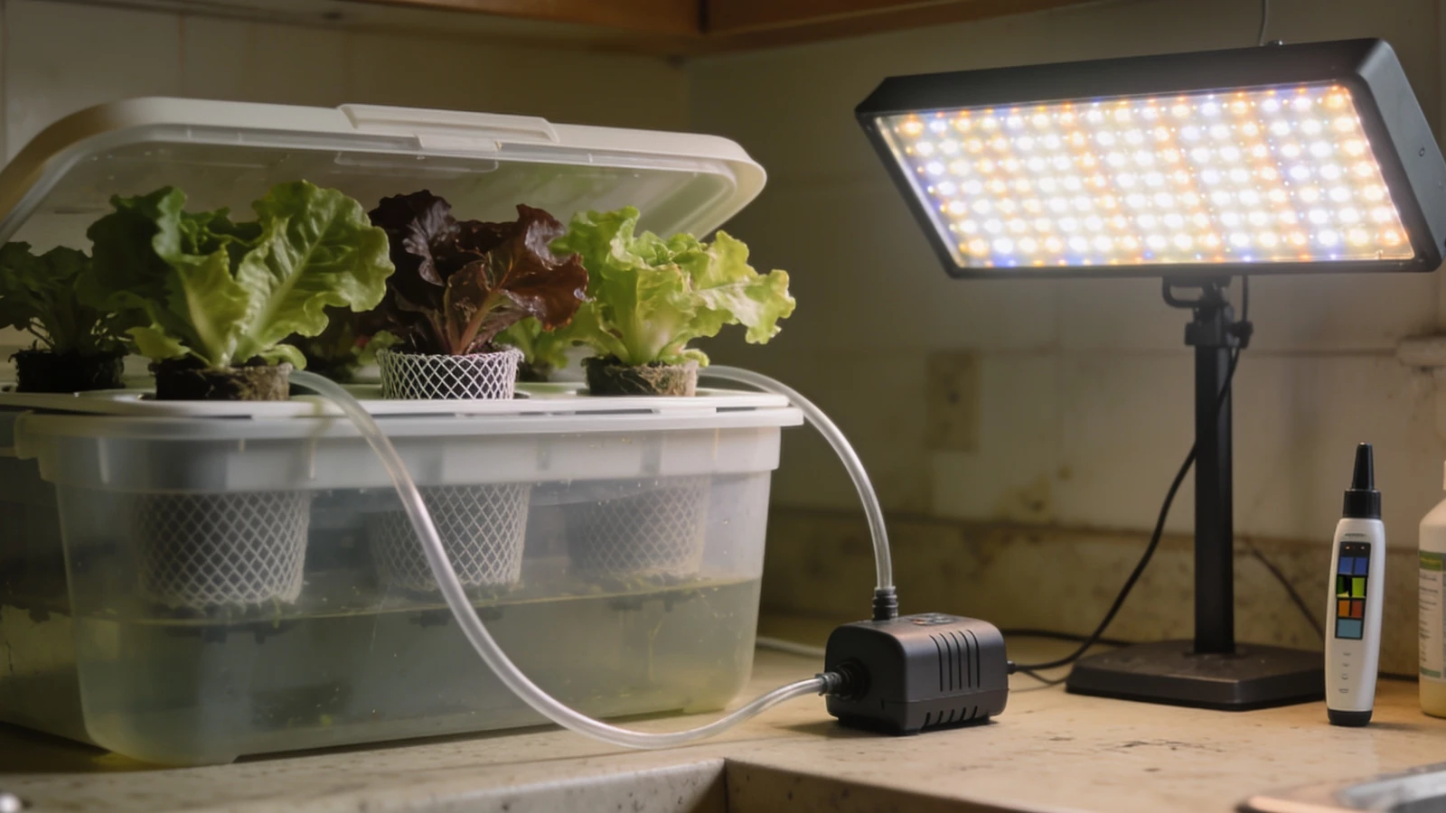 Opaque tub of lettuce in net pots with an air pump and an LED panel above on a worktop