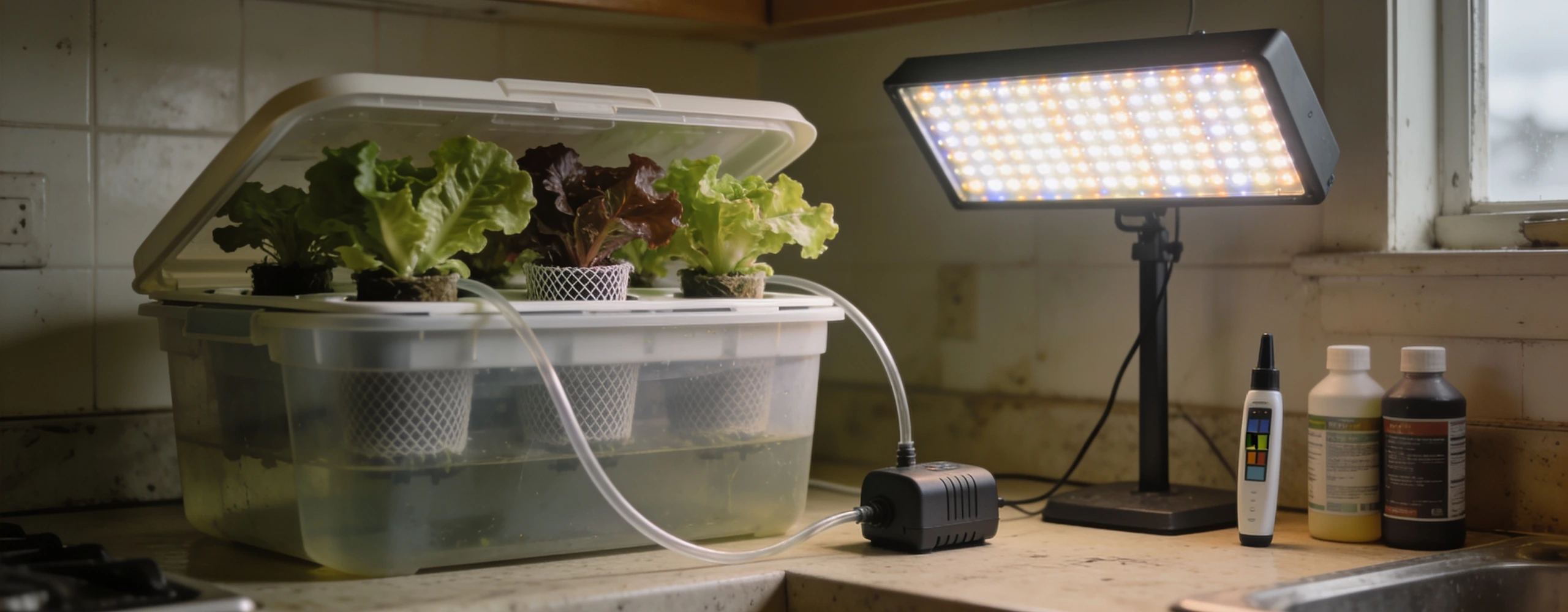 A deep water culture setup on a kitchen worktop Opaque tub of lettuce in net pots with an air pump and an LED panel above on a worktop