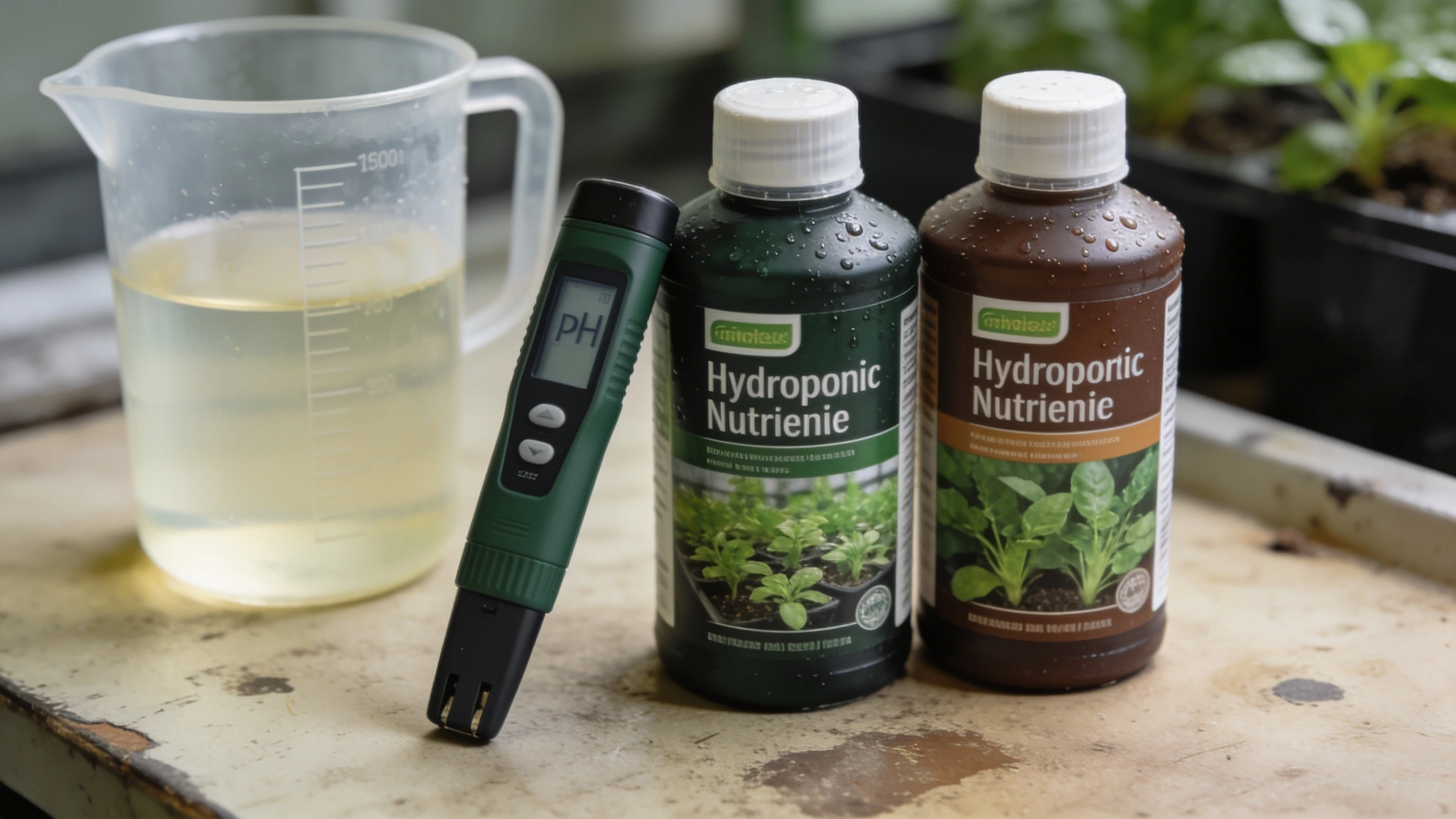 A pH pen and two-part nutrient, the whole chemistry set Digital pH pen resting beside two bottles of hydroponic nutrient and a measuring jug of solution