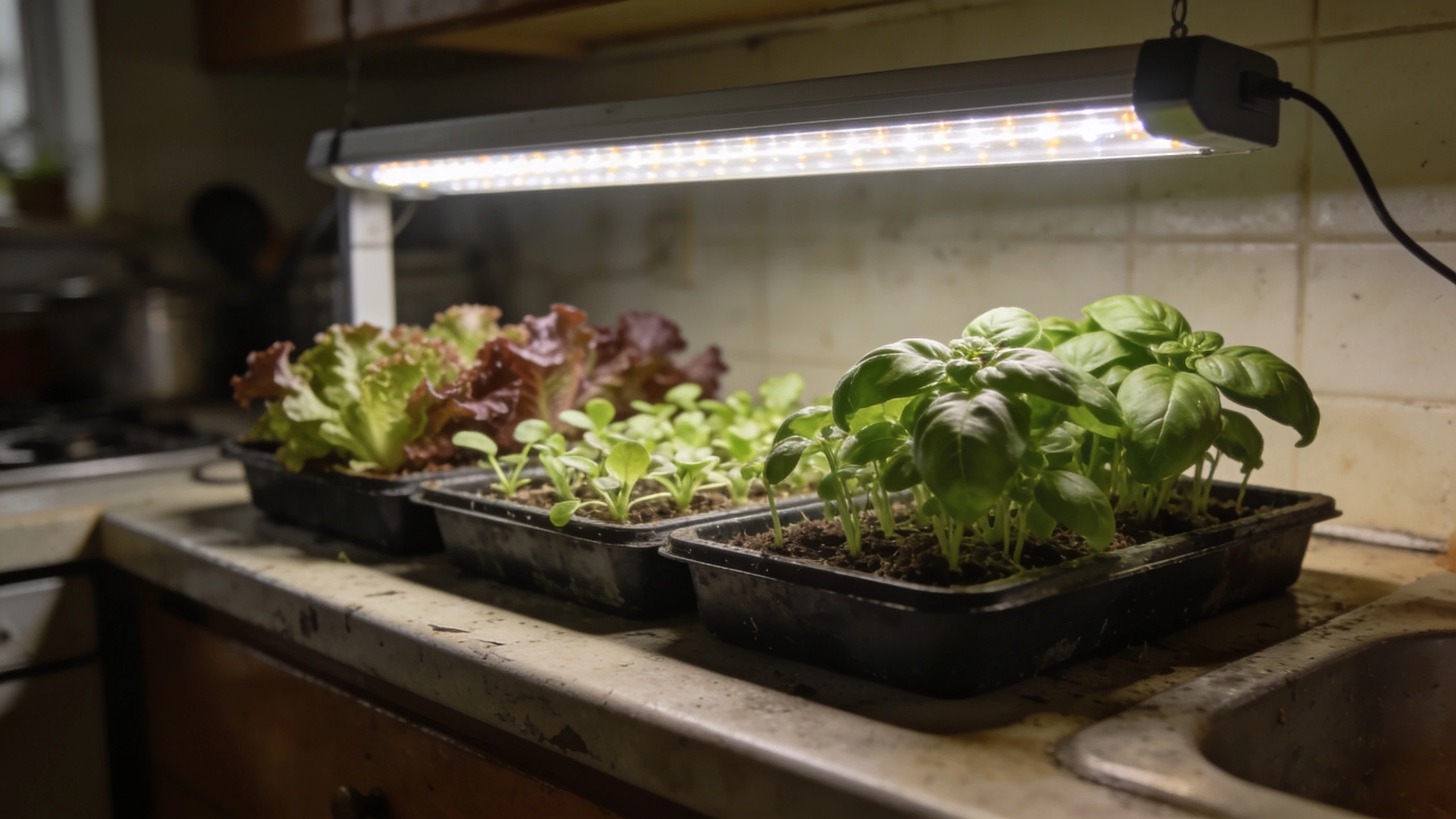 Salad under a small LED, which is the honest use case Trays of young salad leaves and basil growing under a small LED panel on a kitchen worktop