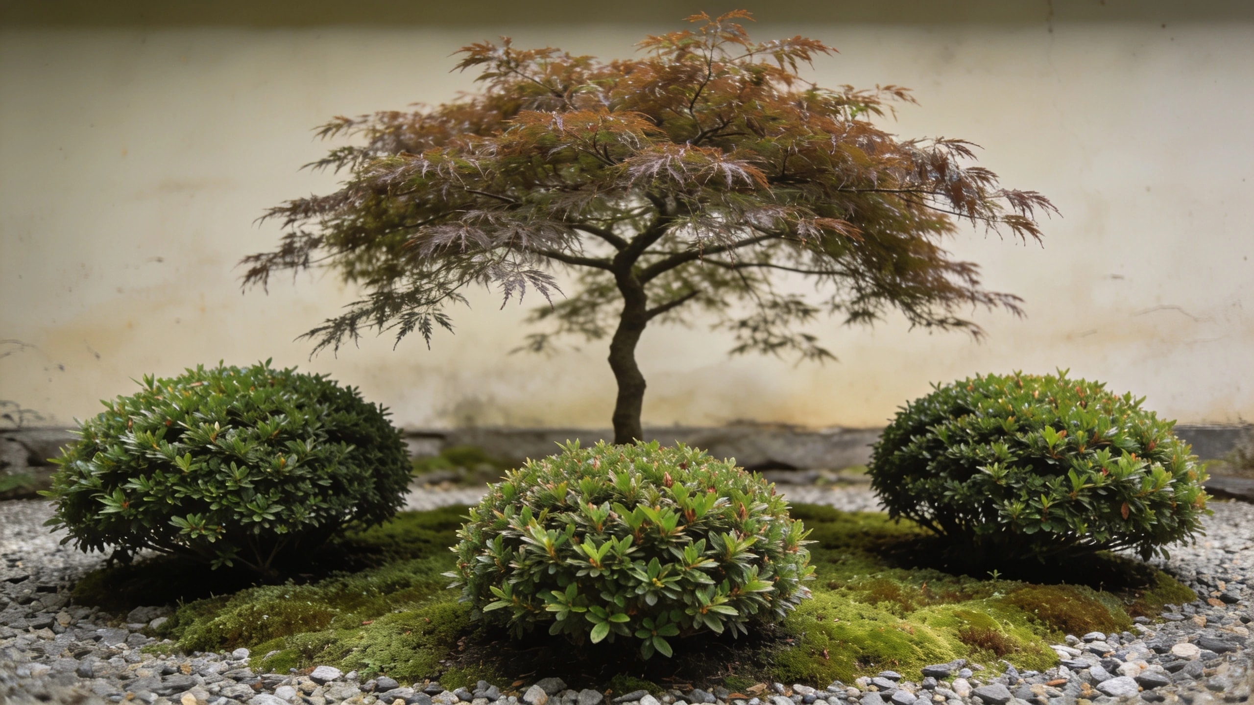 Azaleas clipped into mounds under a maple Low clipped azalea mounds in varied sizes beneath a Japanese maple with moss between them