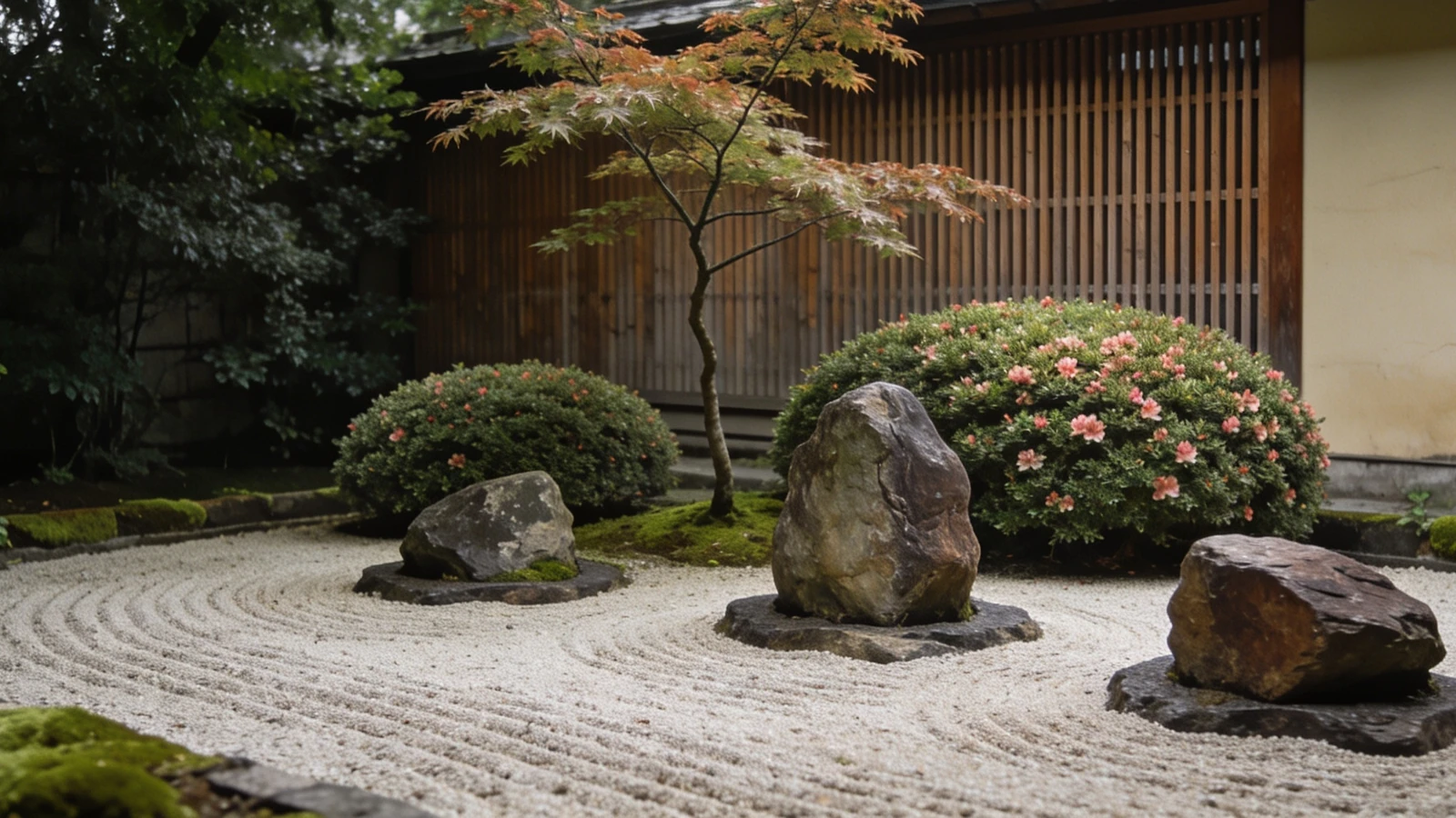 Raked gravel, three set rocks, clipped azalea mounds and one maple behind a slatted screen