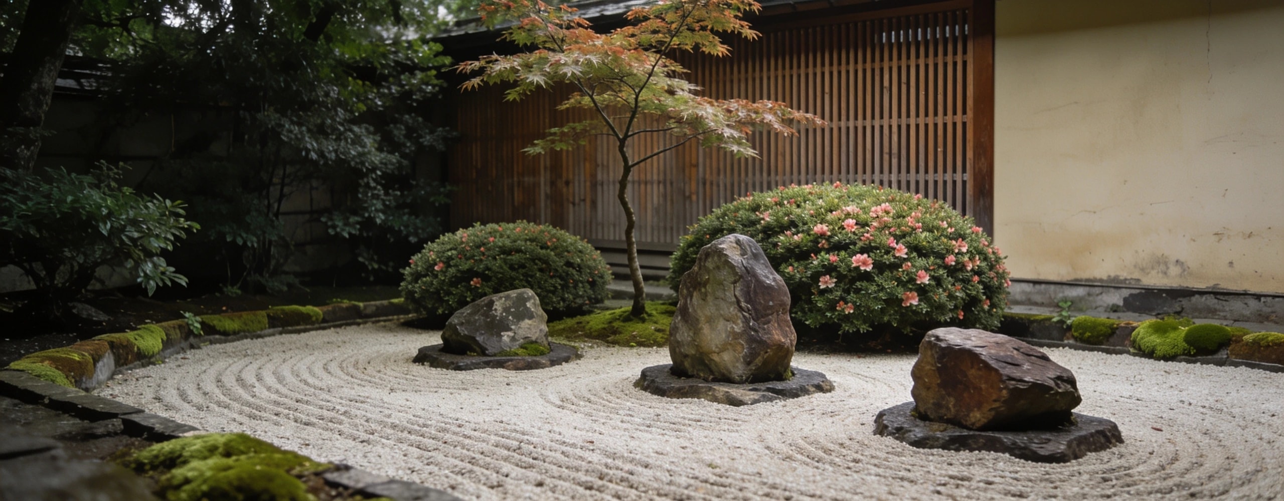 A small Japanese influenced courtyard, composed and asymmetric Raked gravel, three set rocks, clipped azalea mounds and one maple behind a slatted screen