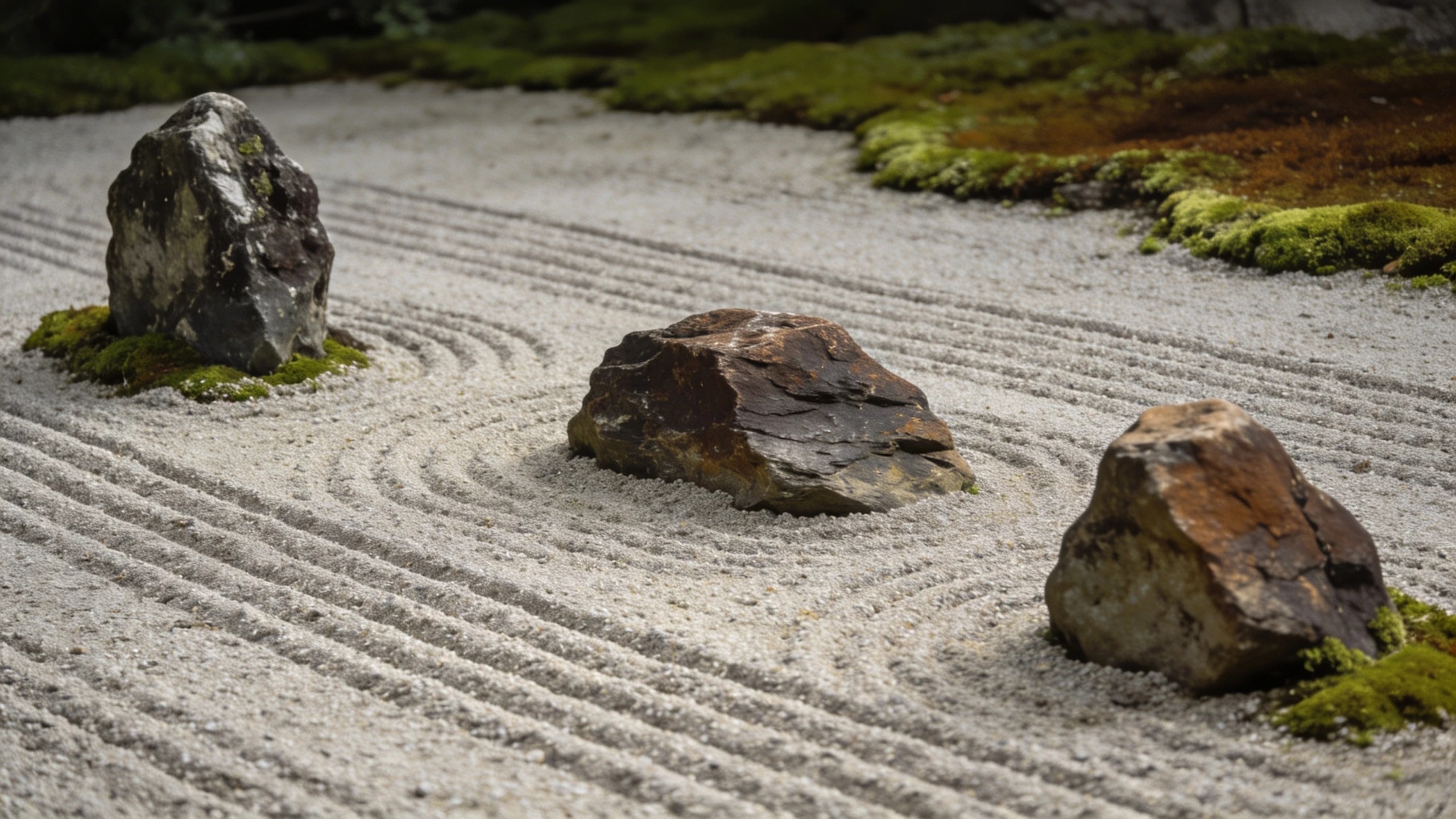 Raked gravel standing in for water Area of raked pale gravel with three set rocks of different sizes and moss at the edges