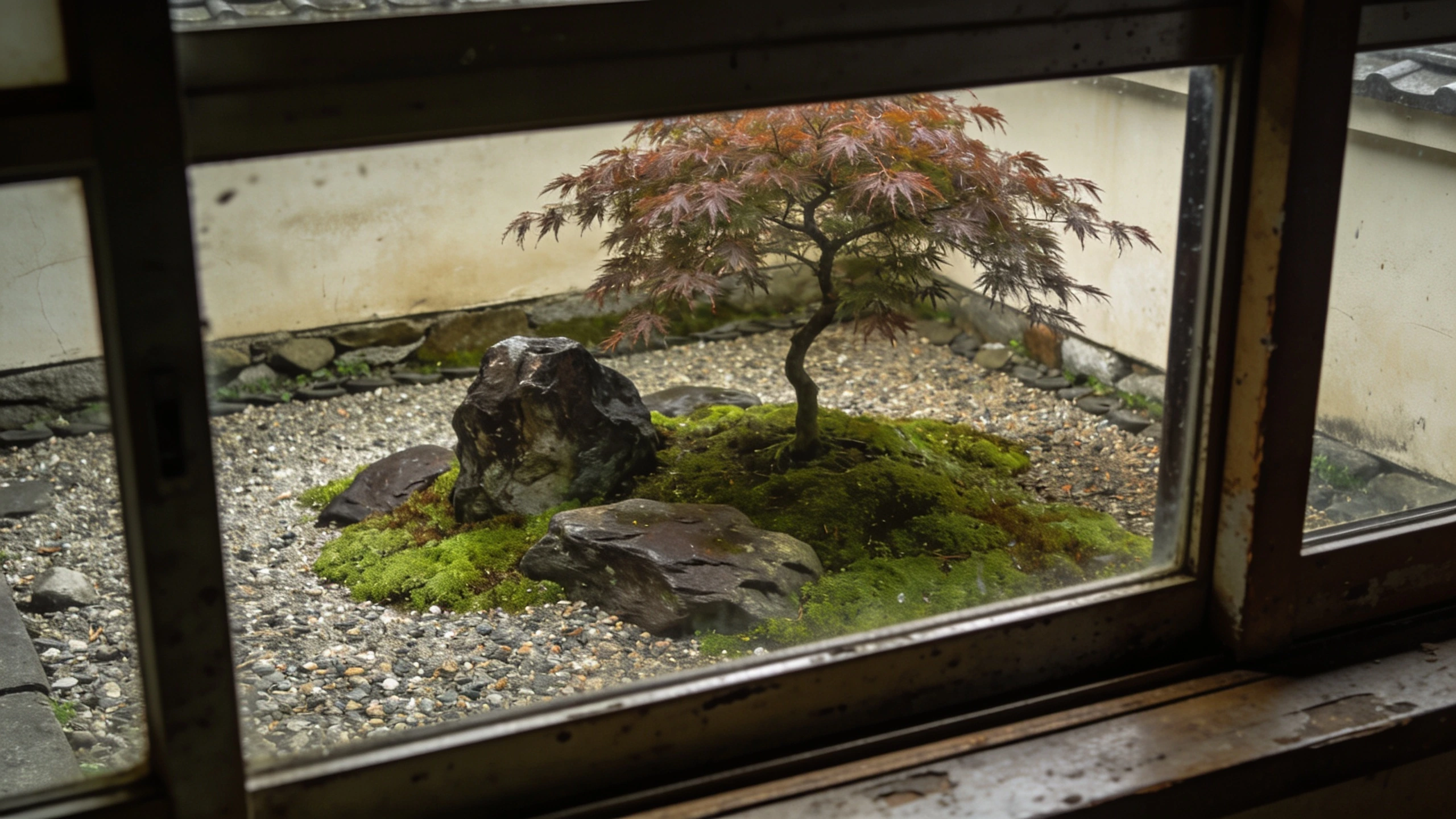 A small courtyard composed to be seen from one window Small courtyard garden of gravel, moss, one maple and set rocks seen framed by a window