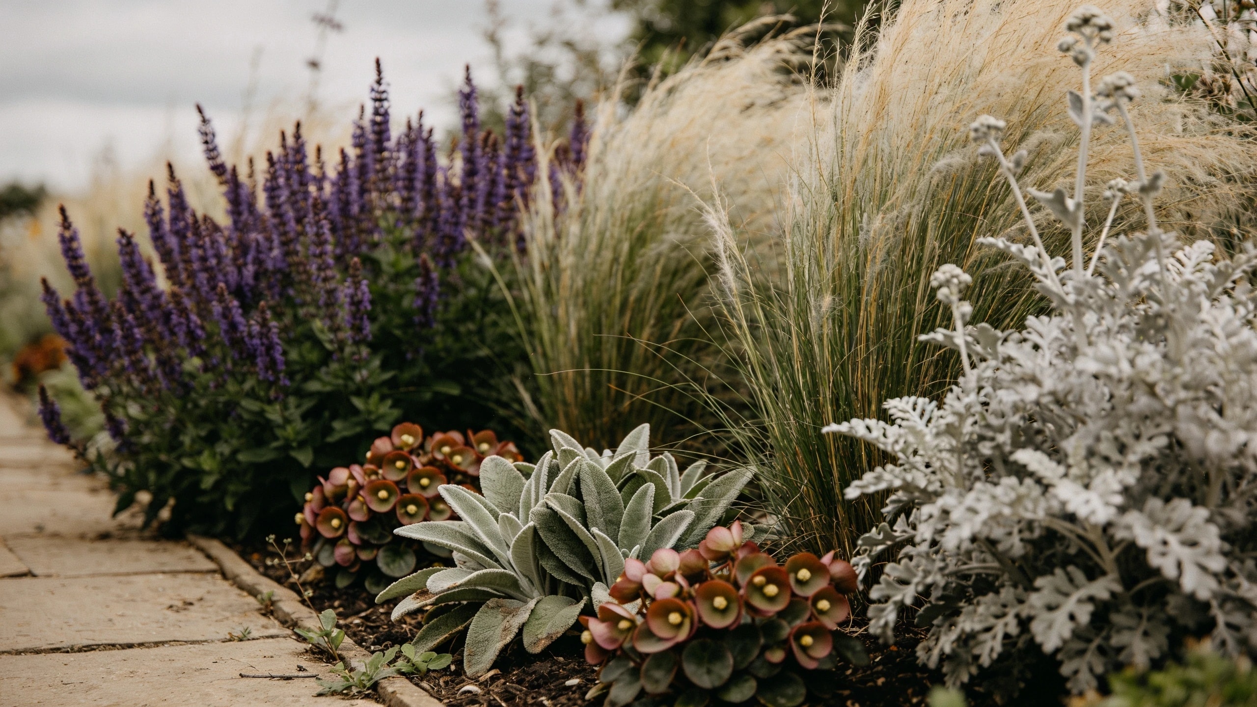 Aromatic and rough textured planting, eaten last Border of lavender, lamb's ear, bergenia and ornamental grasses with silver and fuzzy foliage