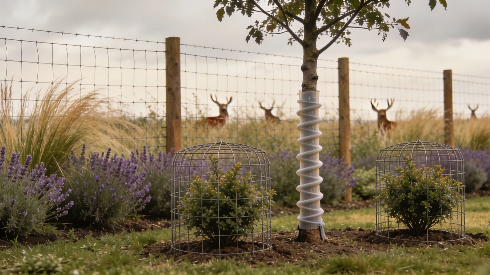 Tall wire mesh deer fence with aromatic planting inside and a guard on a young tree trunk