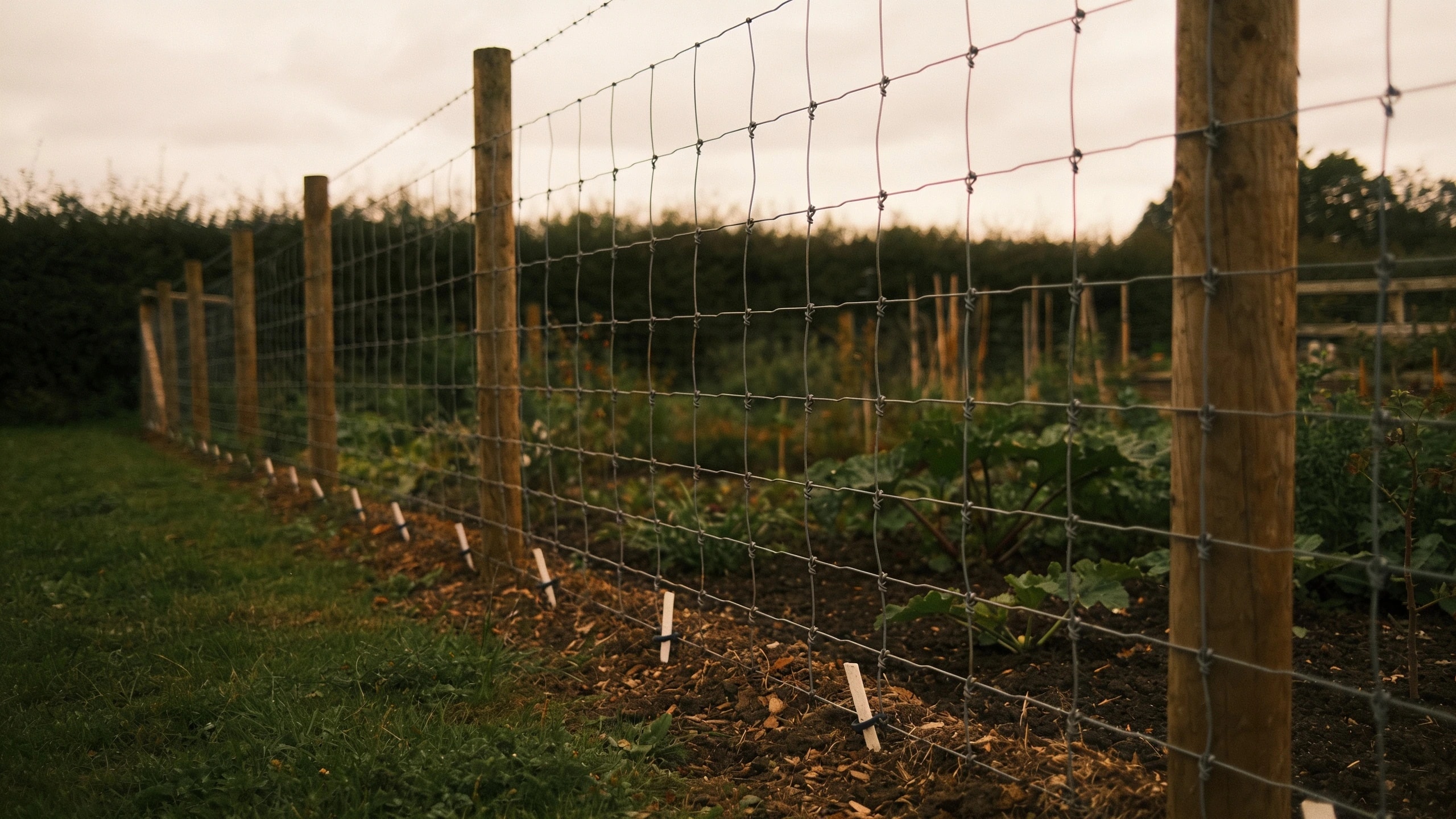 Wire mesh at 2.5 m, which is the only reliable answer Tall wire mesh deer fence on timber posts along a garden boundary with planting inside