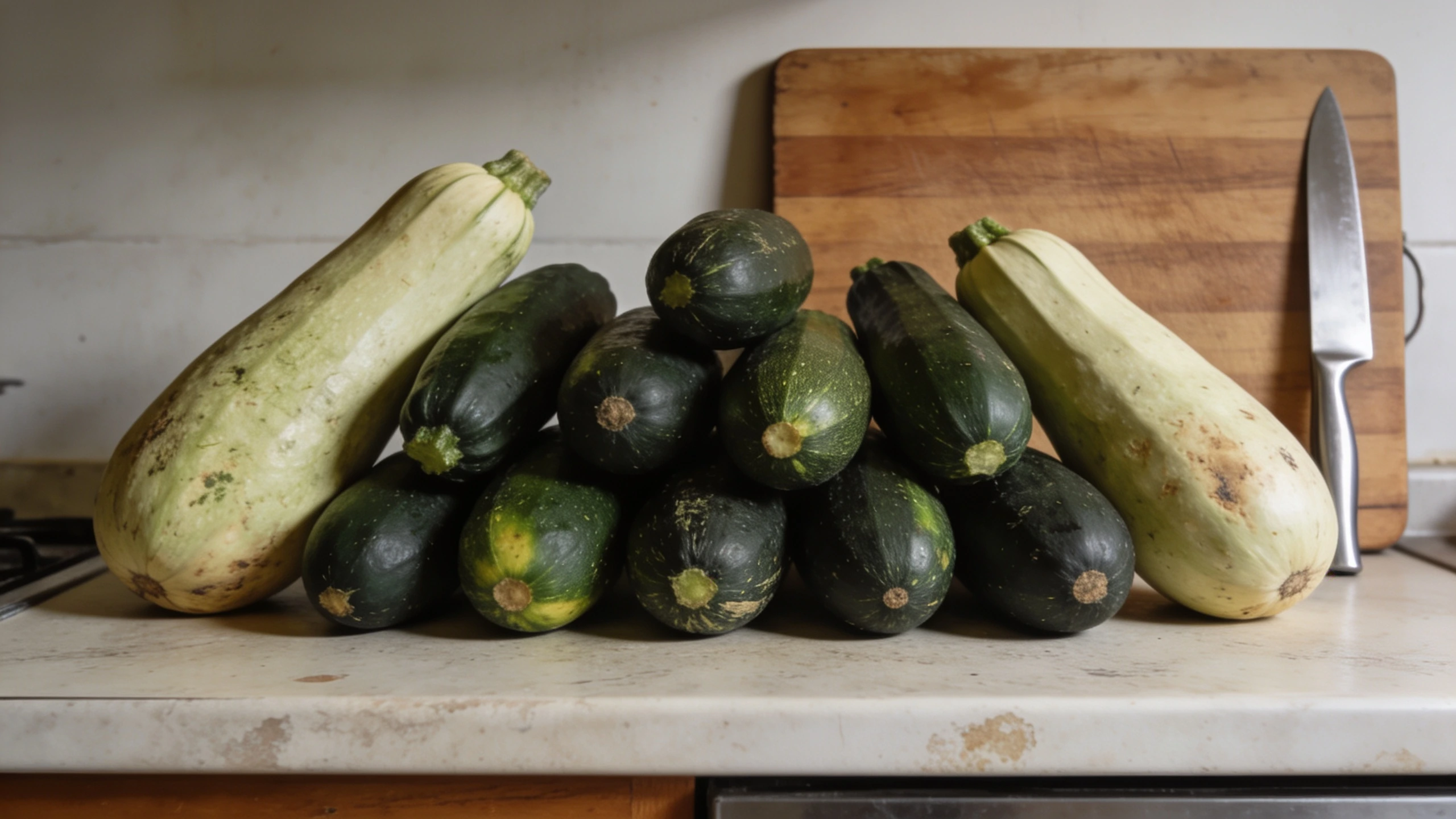 A courgette glut on a kitchen worktop Nine courgettes of varying sizes piled on a kitchen worktop with a knife
