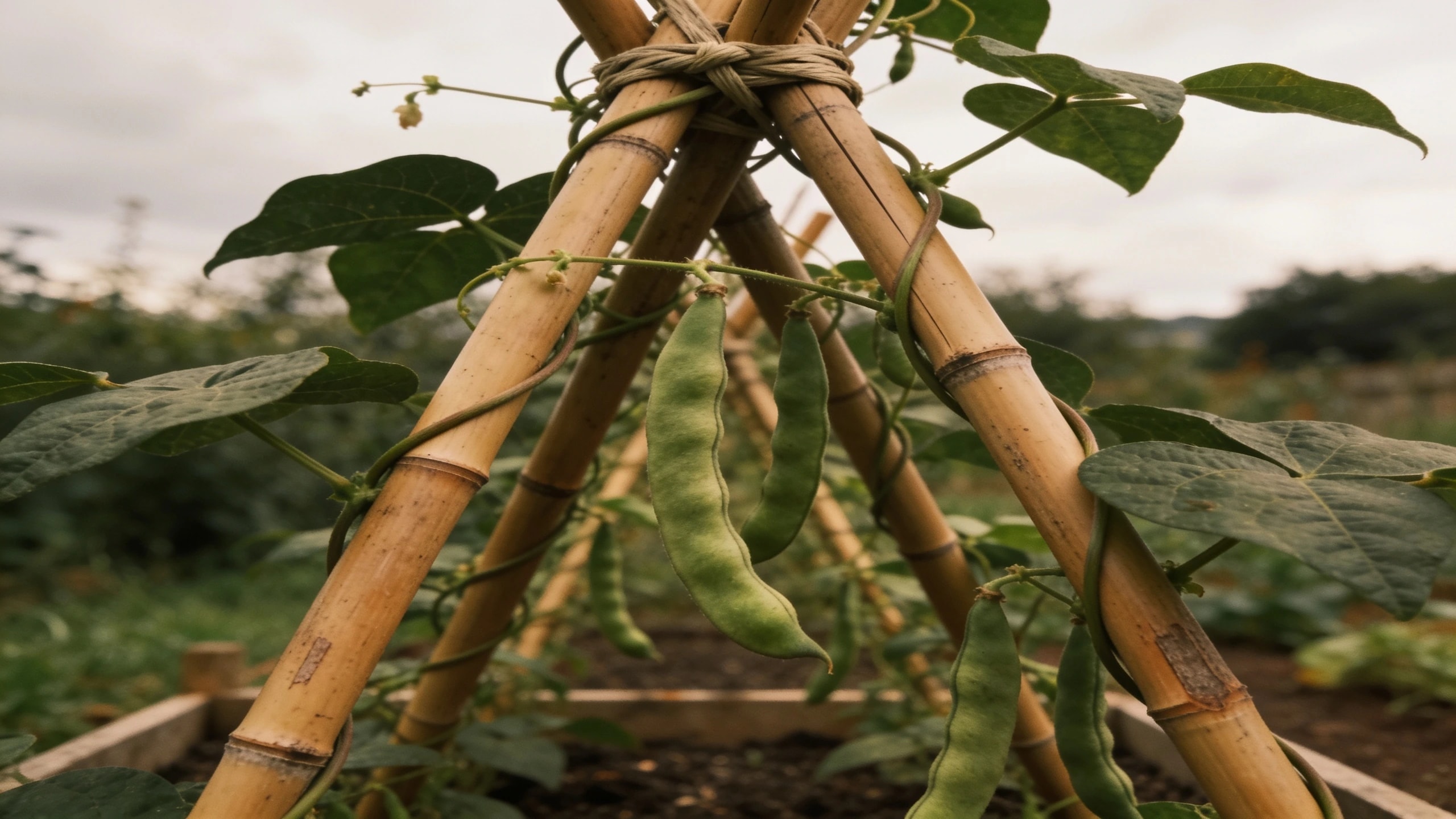 Climbing beans on a cane wigwam Wigwam of bamboo canes with climbing beans twining up and pods at picking height