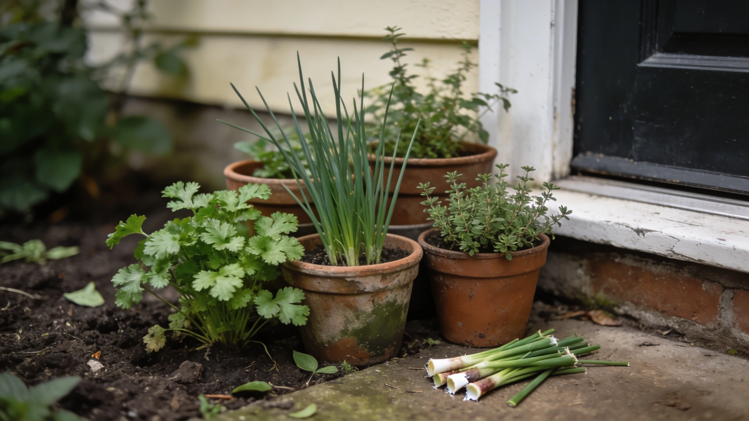 Herbs planted closest to the kitchen door Herb pots and a small bed of parsley, chives and thyme beside a back door step
