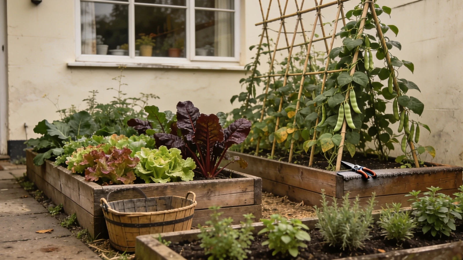 Two low timber beds of salad, chard and climbing beans beside a kitchen door
