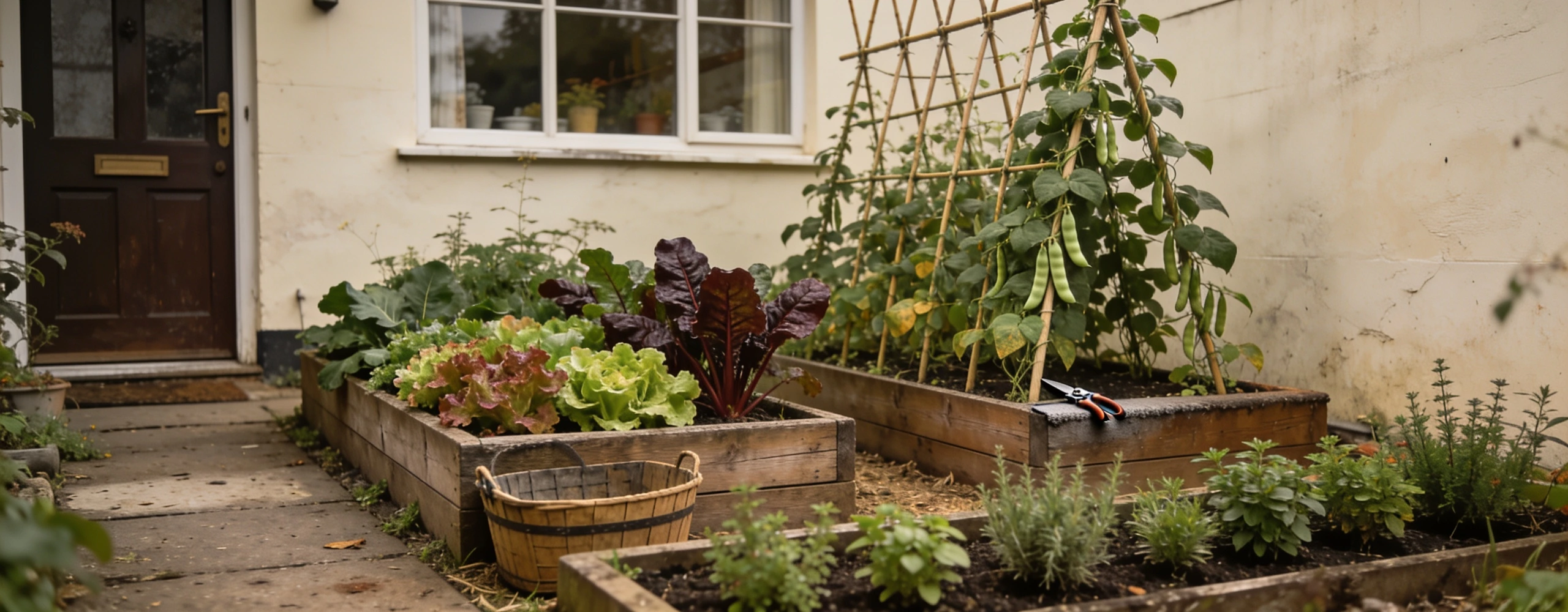 A small kitchen garden just outside a back door Two low timber beds of salad, chard and climbing beans beside a kitchen door