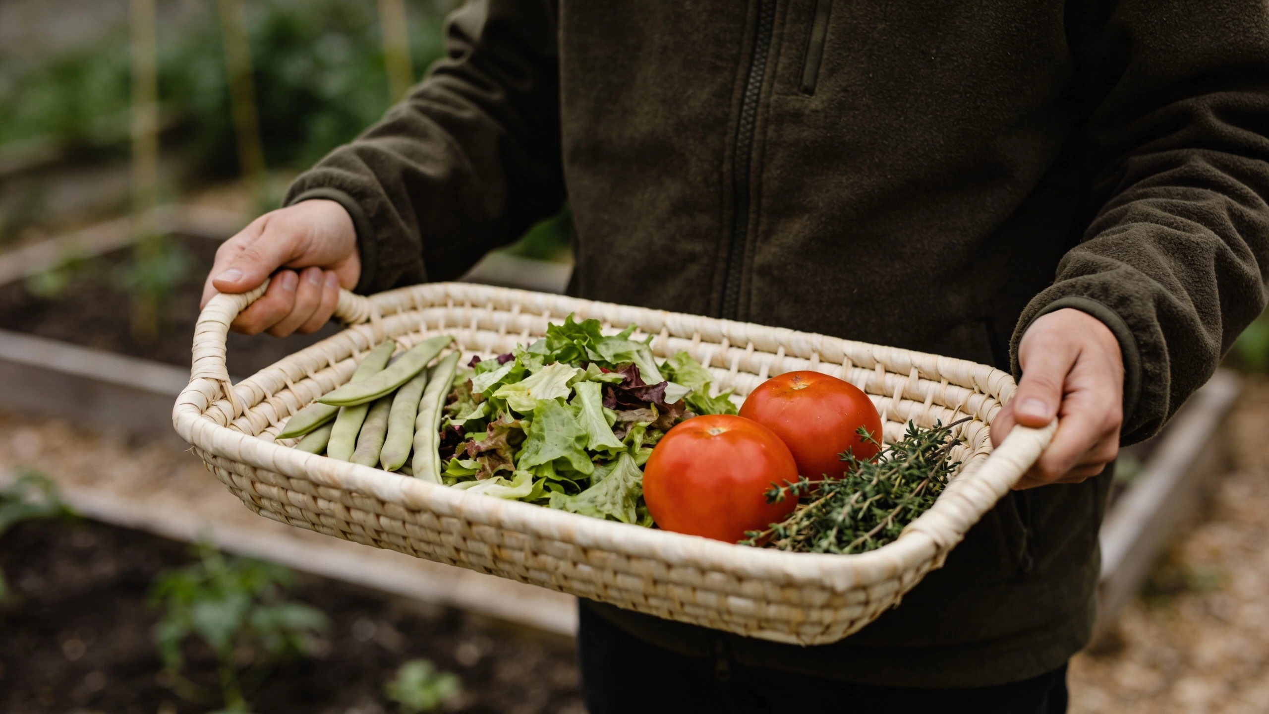 Picking vegetables for dinner Shallow basket with beans, salad, two tomatoes and herbs picked for a meal