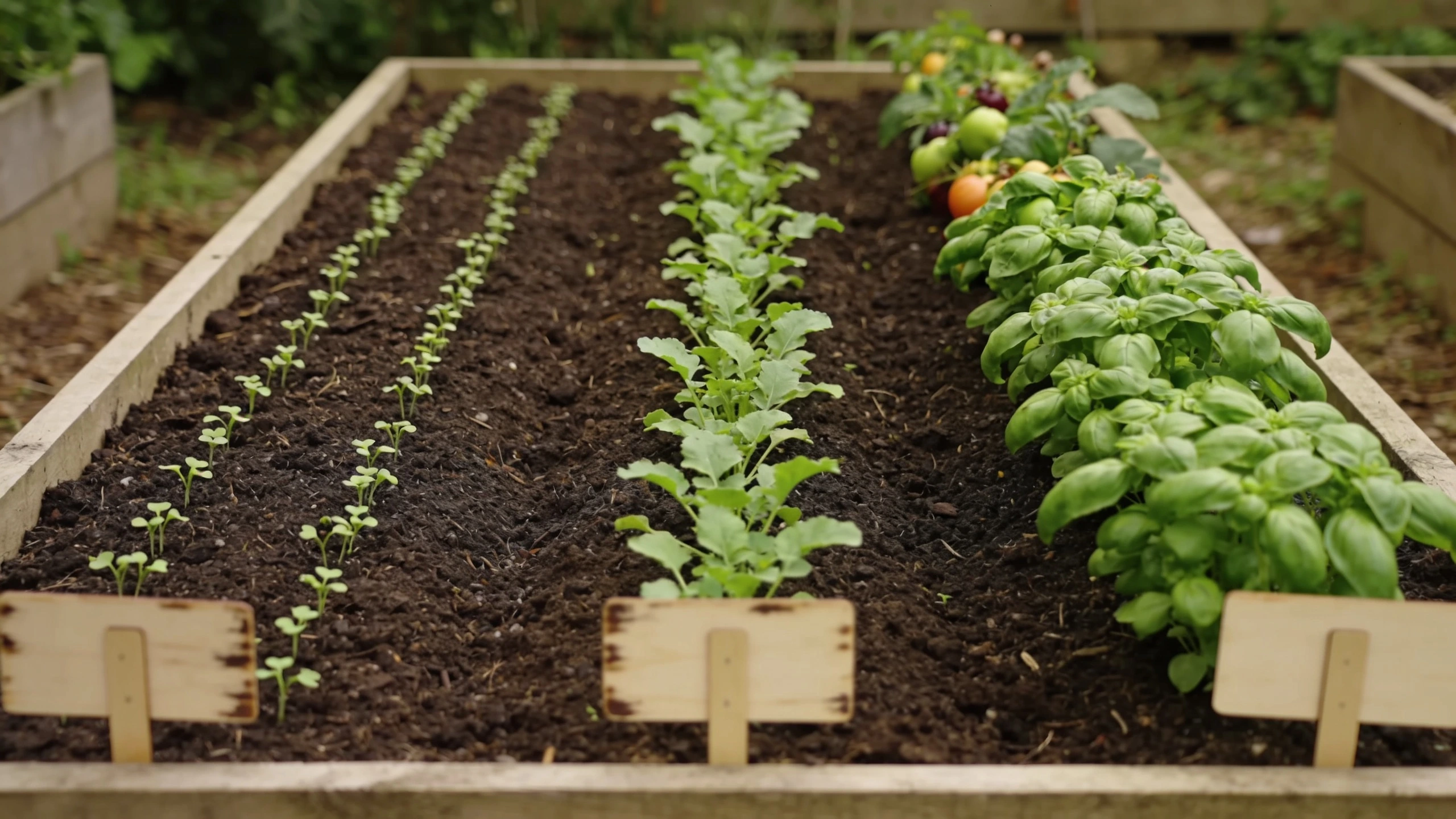 Succession sowing rows at different stages Three rows in one bed at different stages, one germinating, one half grown, one ready