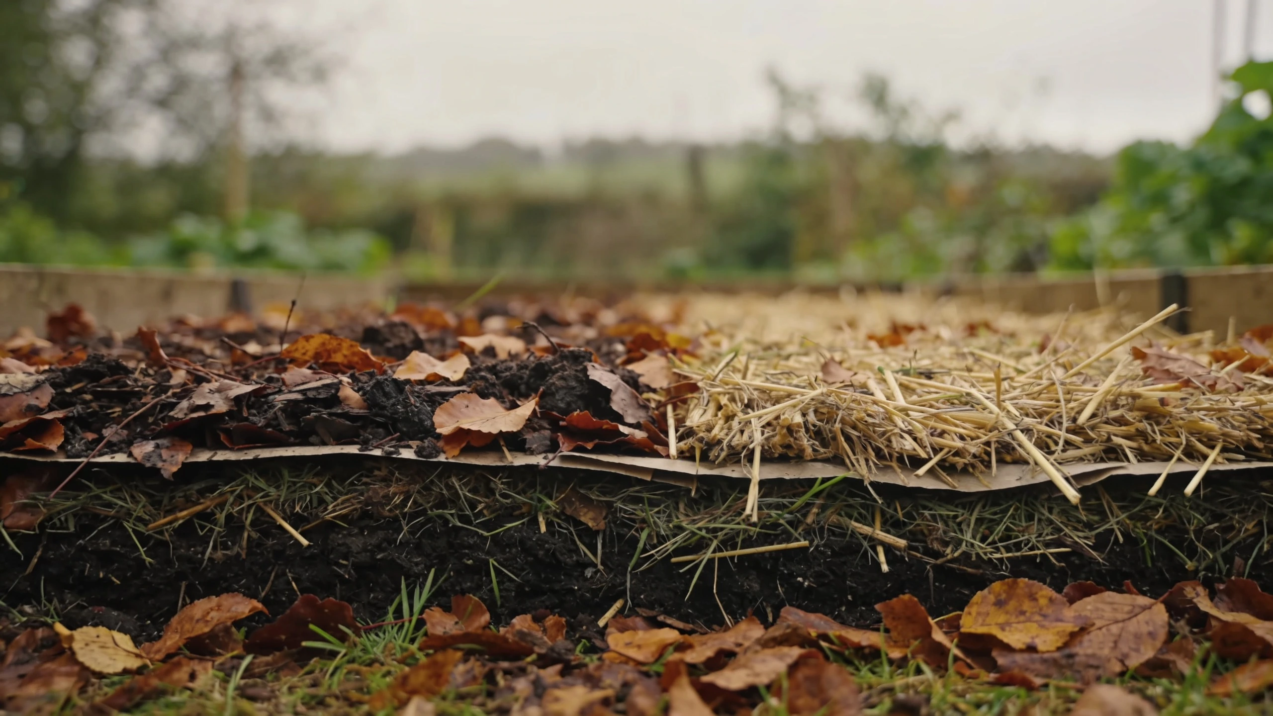 Alternating layers, part built Part built sheet mulch bed showing layers of leaves, straw, grass clippings and manure in section
