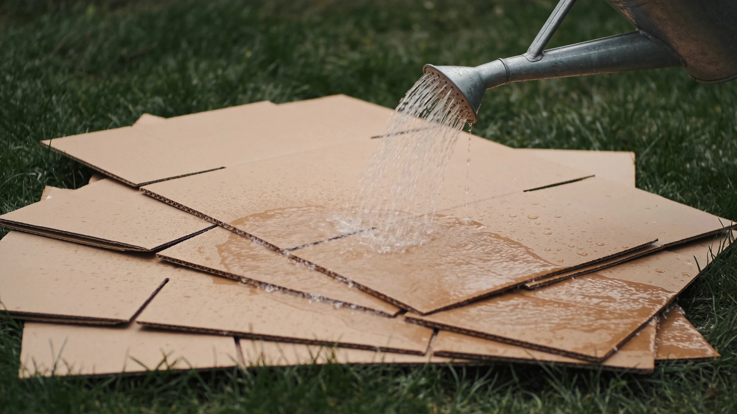 Plain cardboard, soaked and overlapped generously Sheets of plain brown cardboard overlapping on grass and being soaked with a watering can