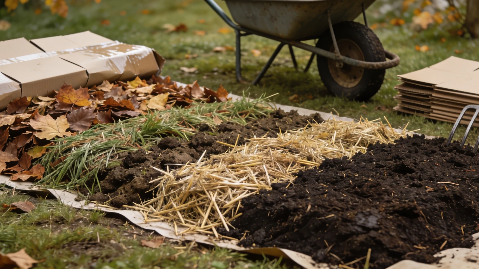 Sheet mulched bed under construction showing cardboard, layered organic matter and a compost top