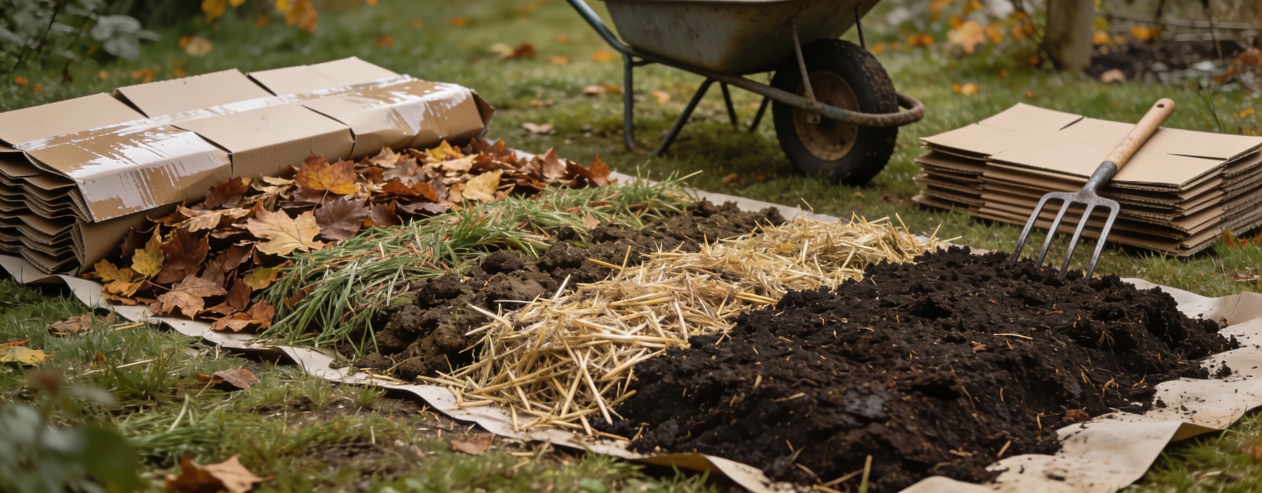 A bed built in layers on top of the grass Sheet mulched bed under construction showing cardboard, layered organic matter and a compost top