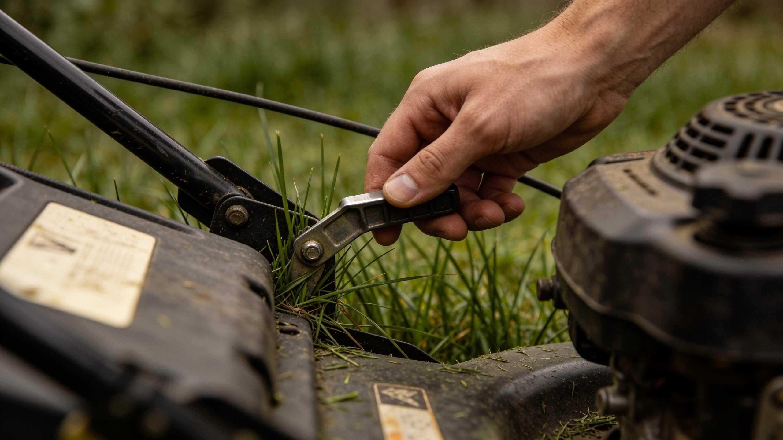 Blades raised, which costs nothing and changes the most Hand adjusting the cutting height lever on a lawn mower with longer green grass behind