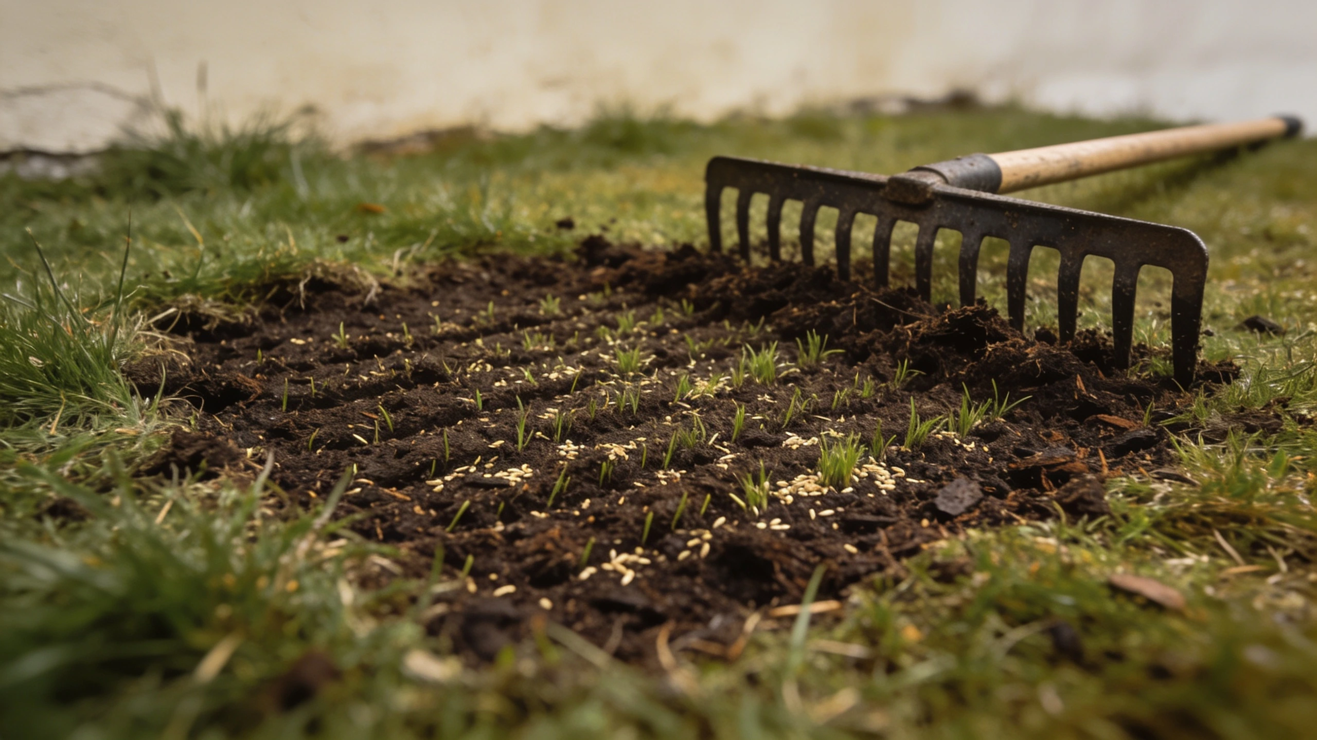 Seed, a centimetre of compost, firmed down Bare patch of lawn raked, sown with seed and covered with a thin layer of compost