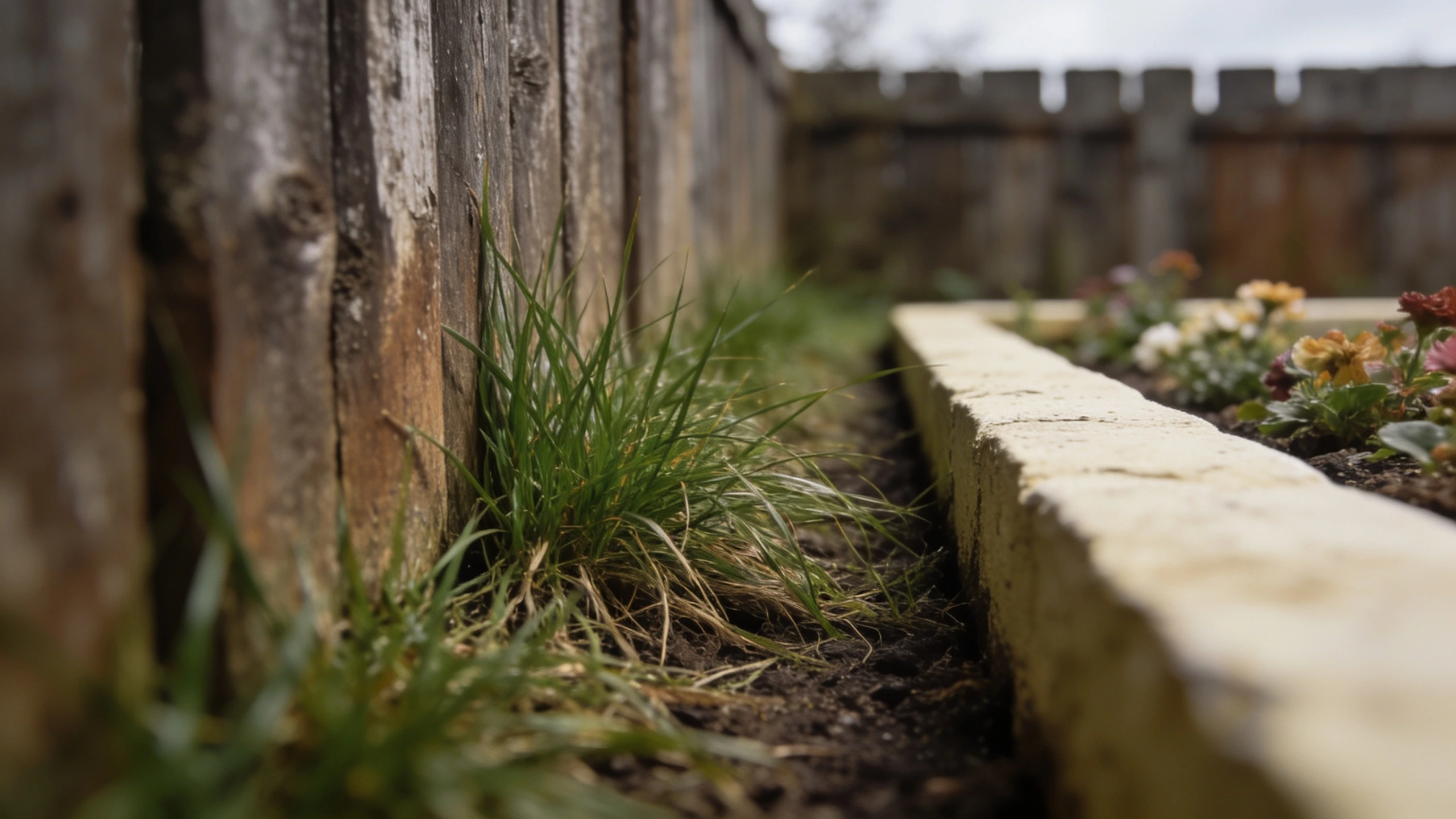 An awkward grass strip that is hard to mow Narrow strip of grass squeezed between a fence and a border, too tight for a mower