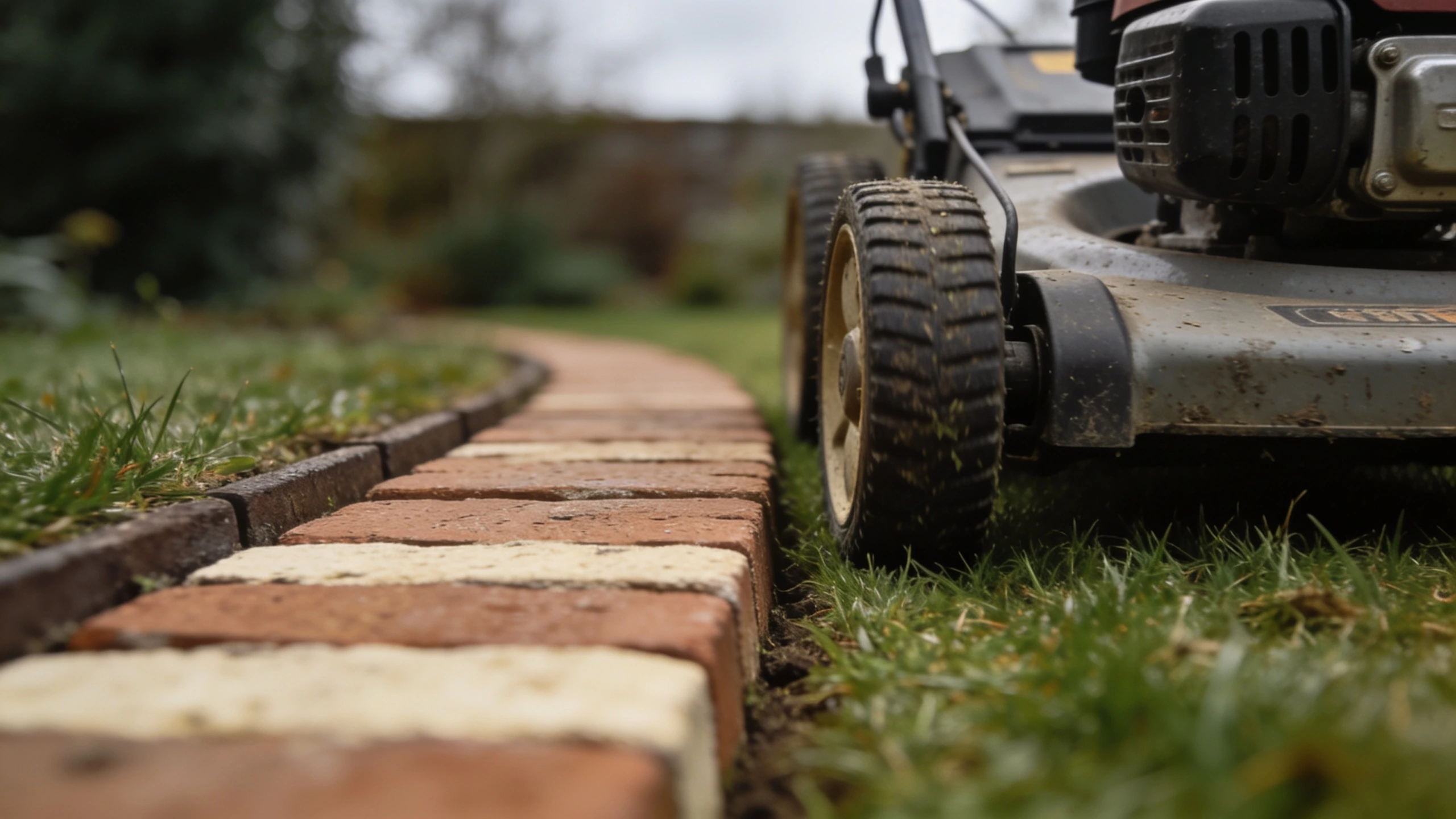 A flush brick edge you can mow straight over Brick-on-edge course set level with the lawn with a mower wheel running along it