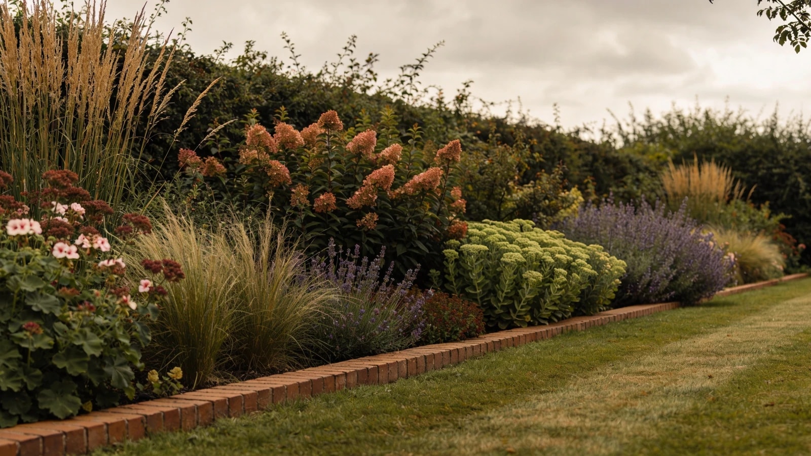 Deep border of hardy geranium, grasses, sedum and lavender with no bare soil showing