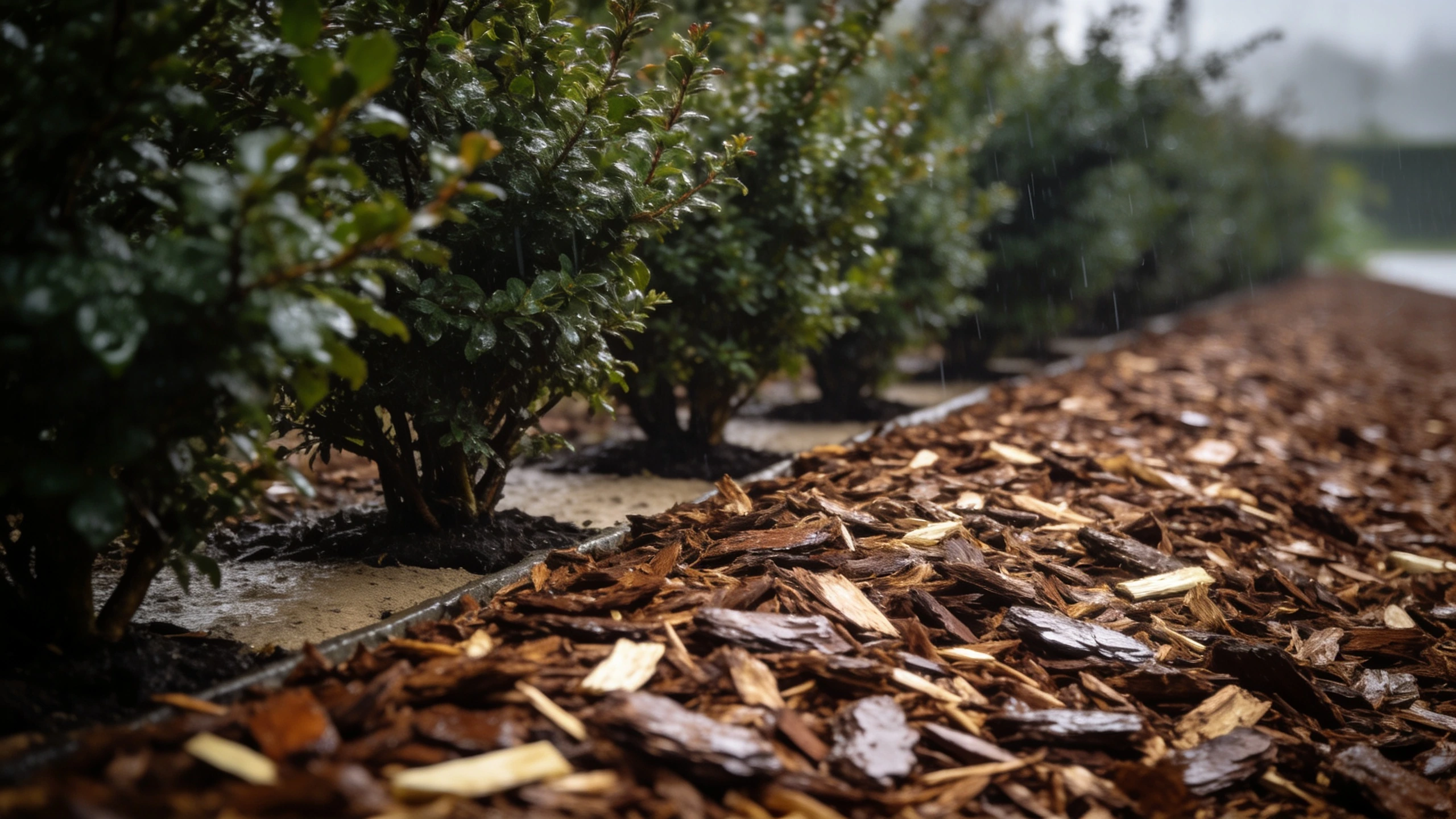 Thick bark mulch spread over a border Even layer of bark mulch across a border between shrubs with gaps left at each stem