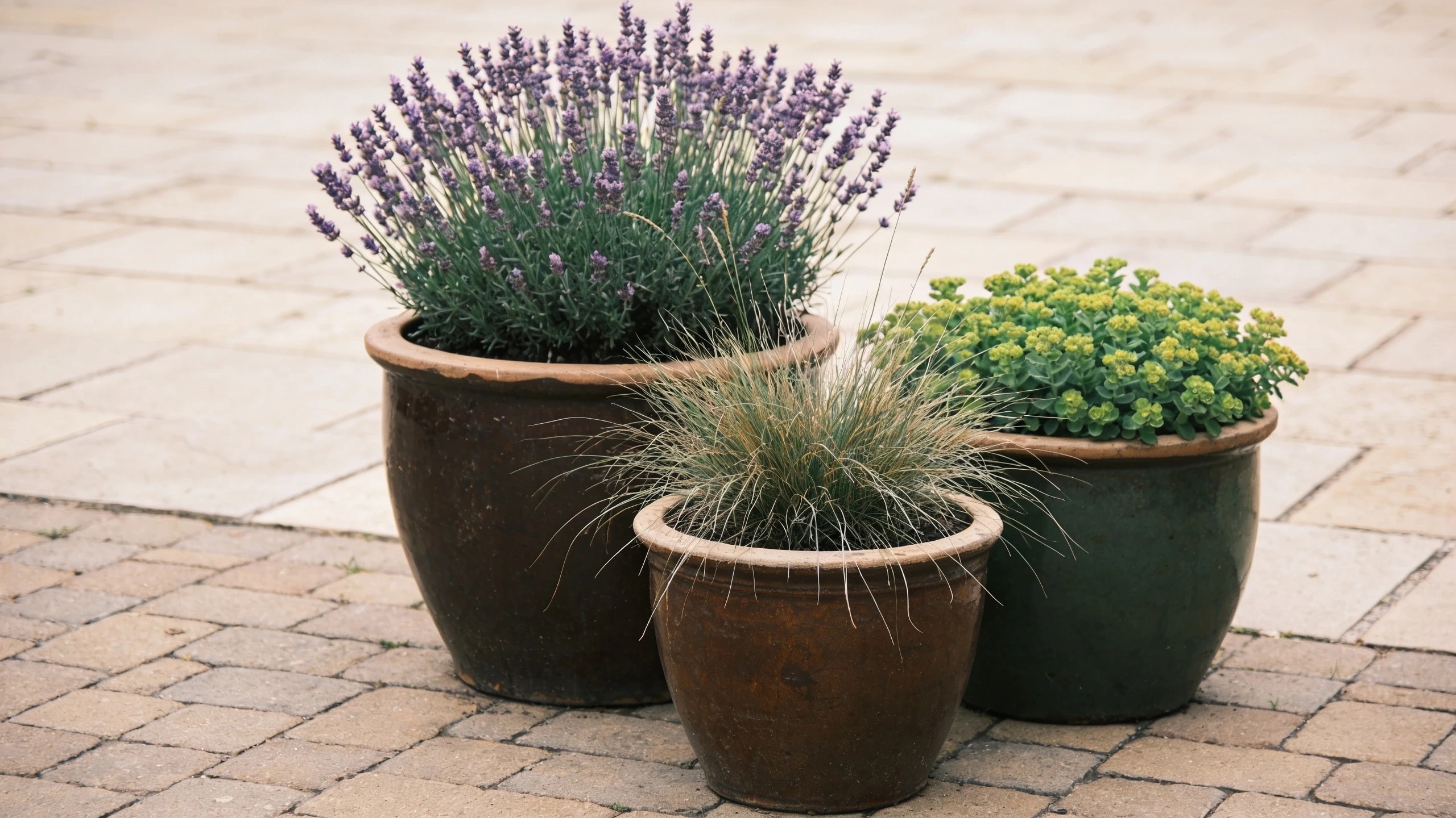 Three large containers instead of many small ones Three large containers of lavender, grass and sedum on paving with no small pots