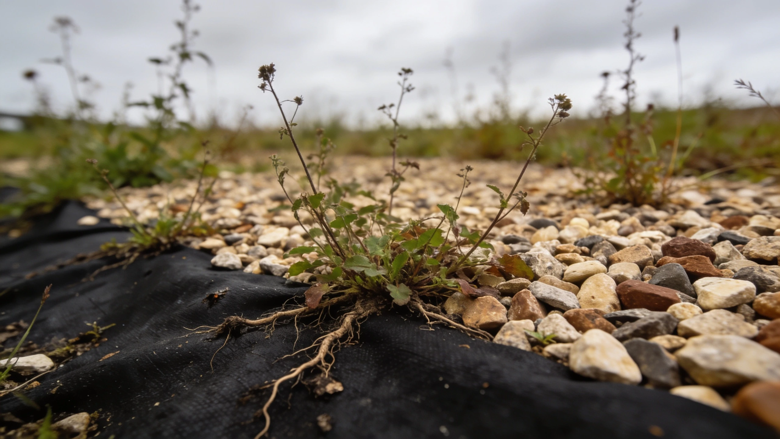Weeds growing through gravel and landscape fabric Gravel area with weeds rooted through torn black landscape fabric underneath