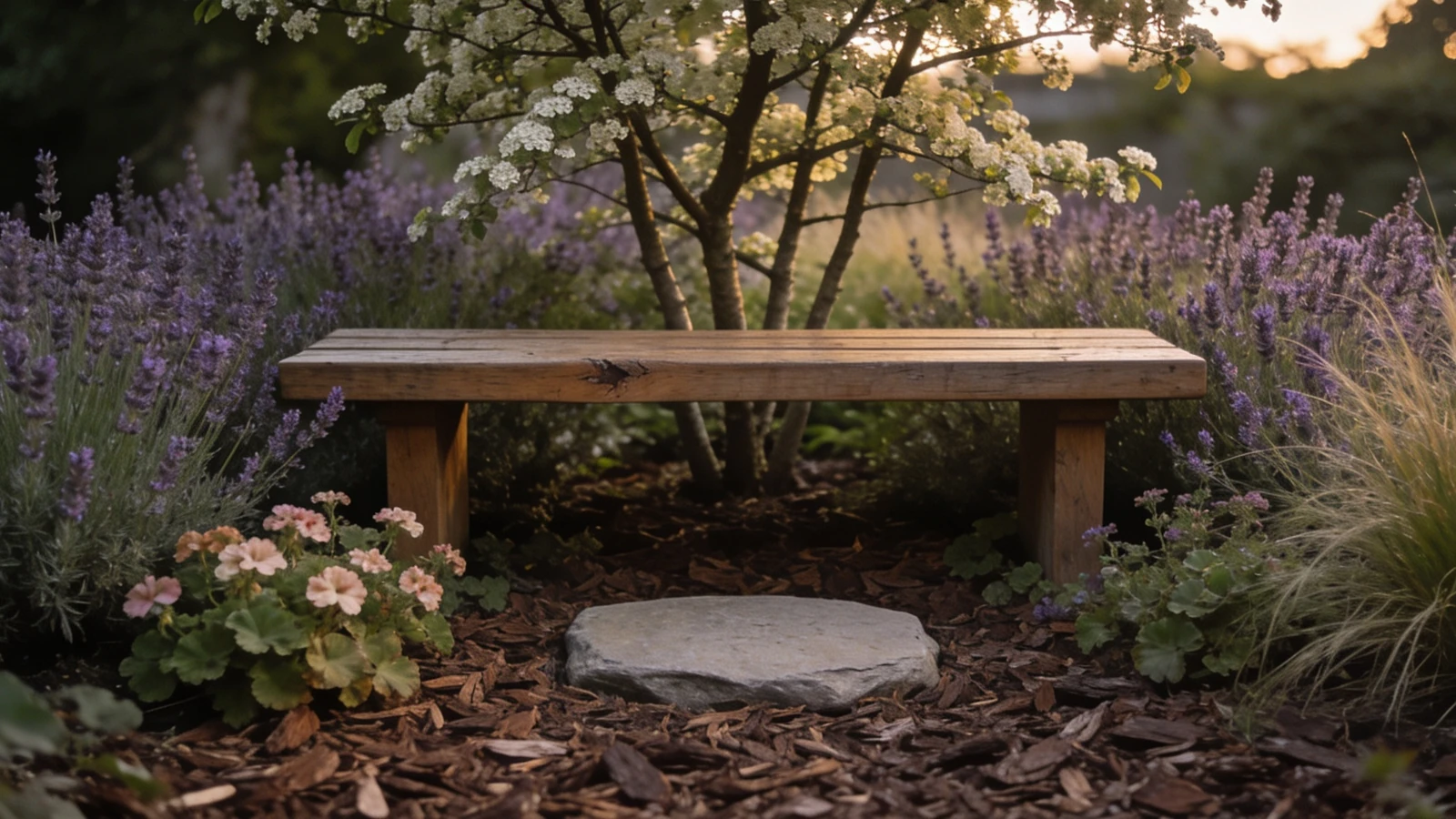 Timber bench set into dense lavender and grasses with a small tree behind and a flat stone