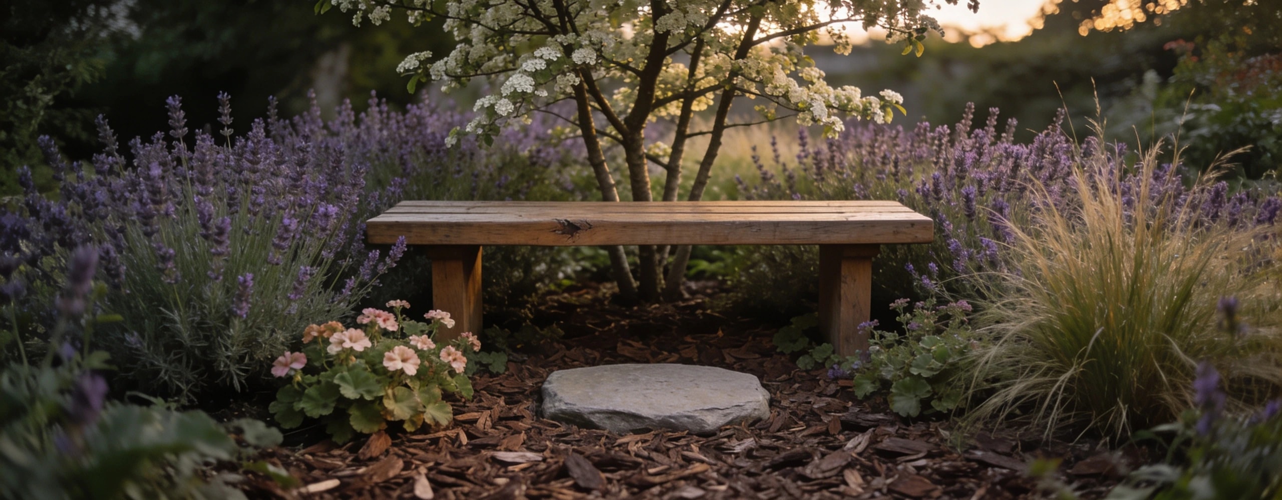 A memorial corner built around somewhere to sit Timber bench set into dense lavender and grasses with a small tree behind and a flat stone