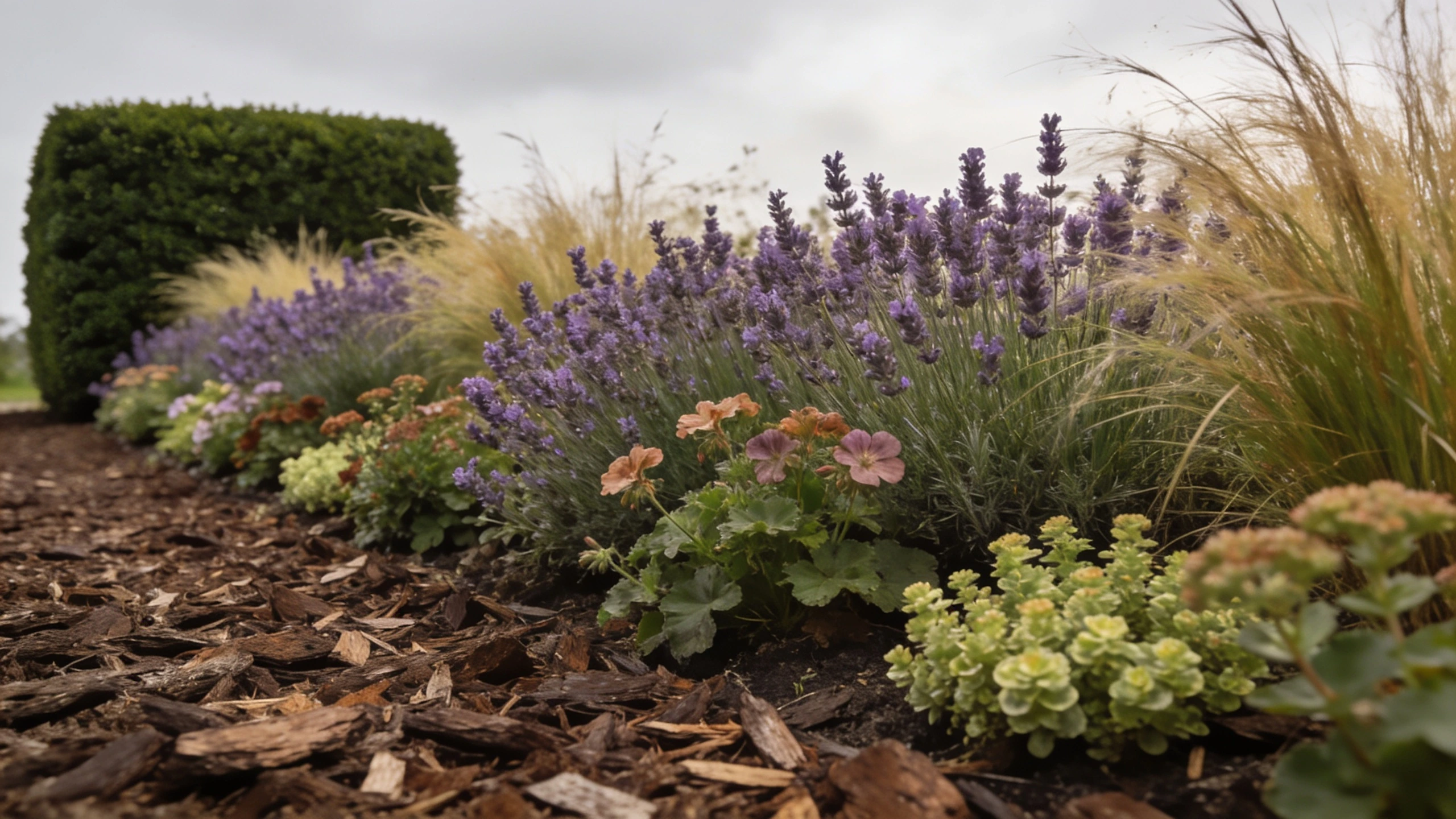 Dense planting and deep mulch, so neglect does not show Densely planted border of lavender, geranium and grasses with bark mulch and no bare soil visible
