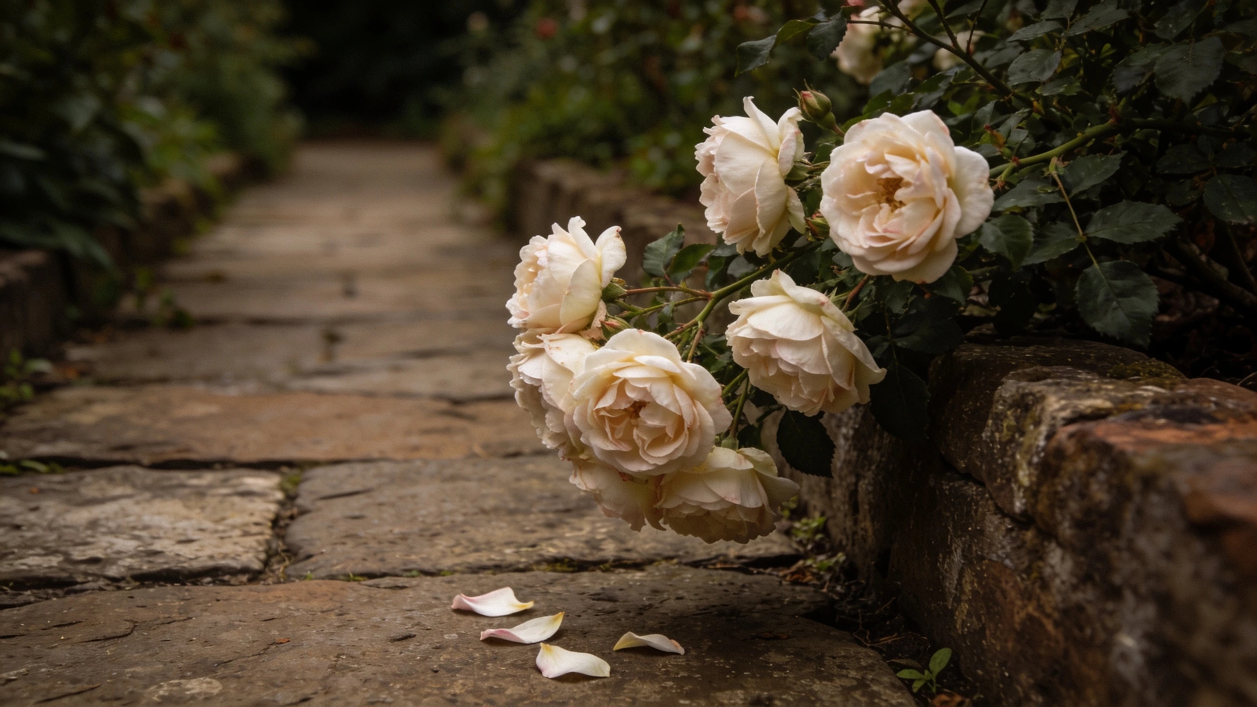 A scented shrub rose placed where you pass it Pale scented shrub rose in full flower leaning over the edge of a narrow stone garden path