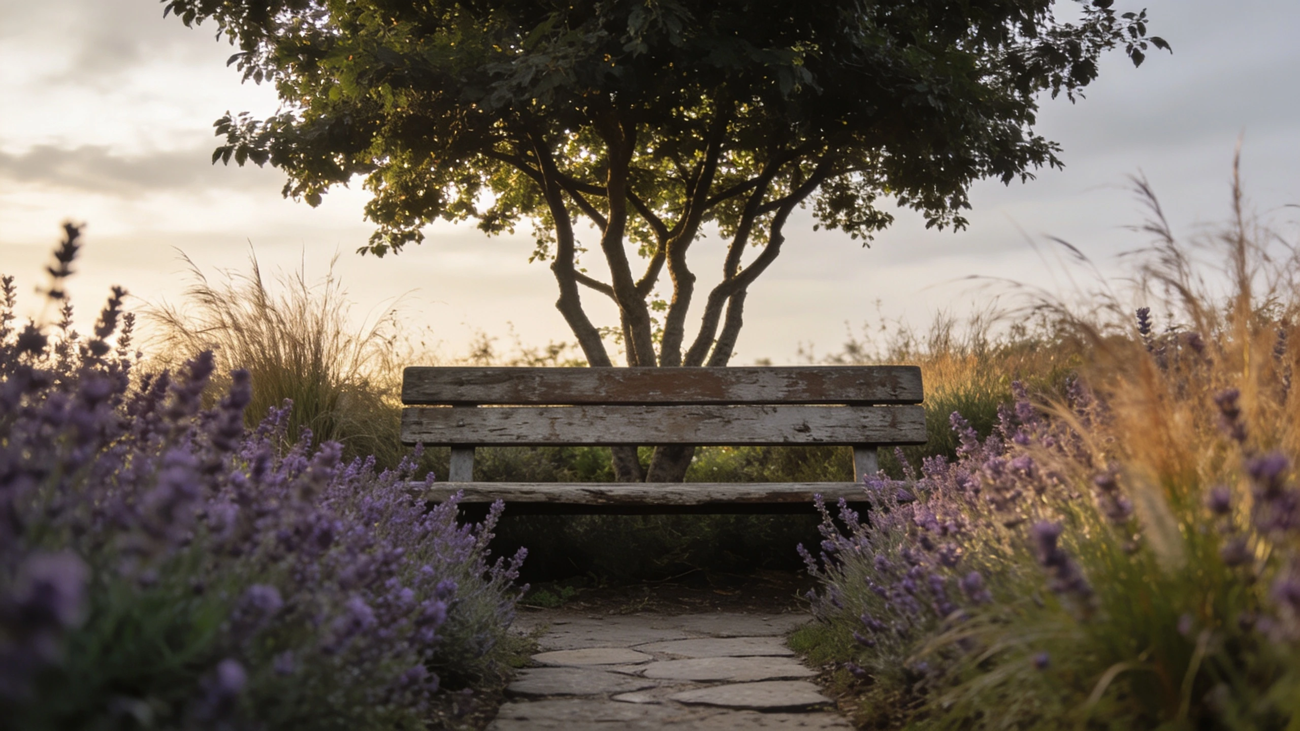 A bench set into planting rather than against a fence Simple timber bench surrounded by lavender and grasses with a small tree giving light shade behind