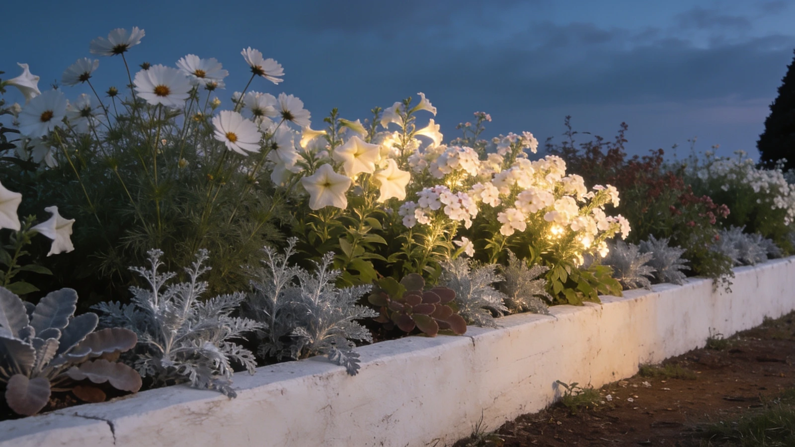 White cosmos and nicotiana glowing against silver foliage in low blue light after sunset