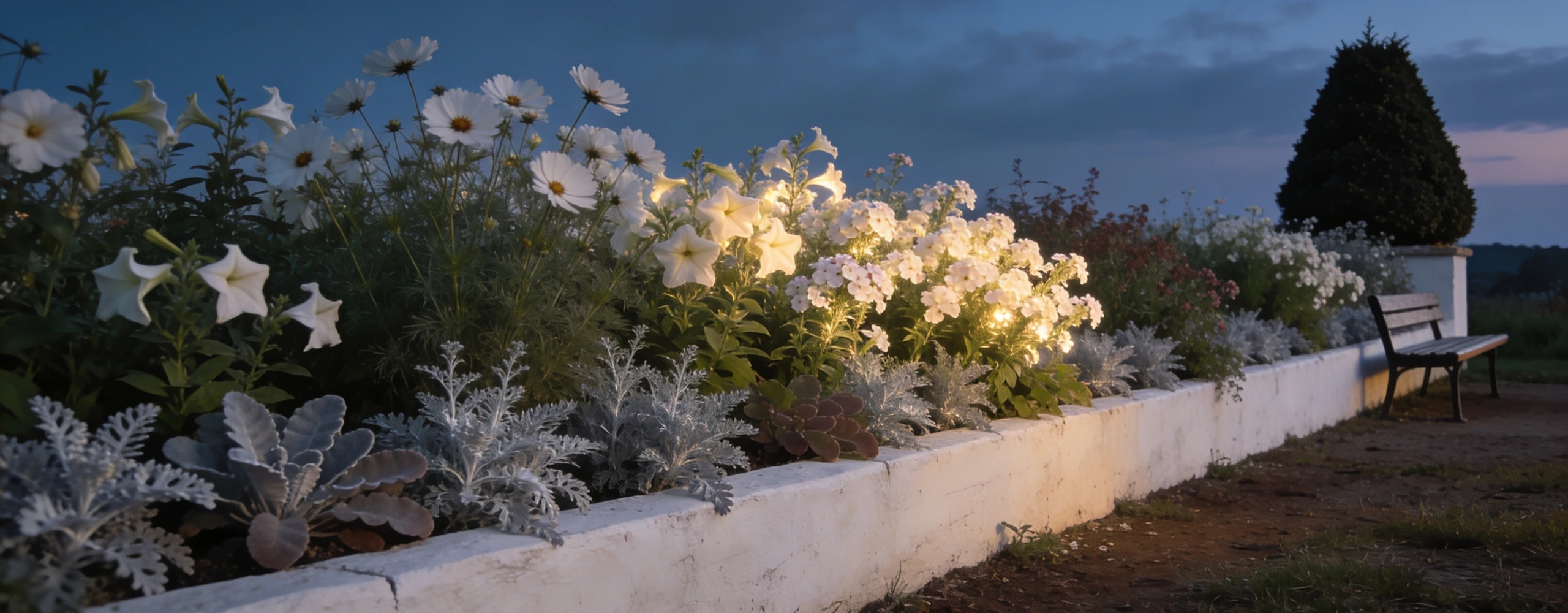 White and silver planting holding its light after sunset White cosmos and nicotiana glowing against silver foliage in low blue light after sunset