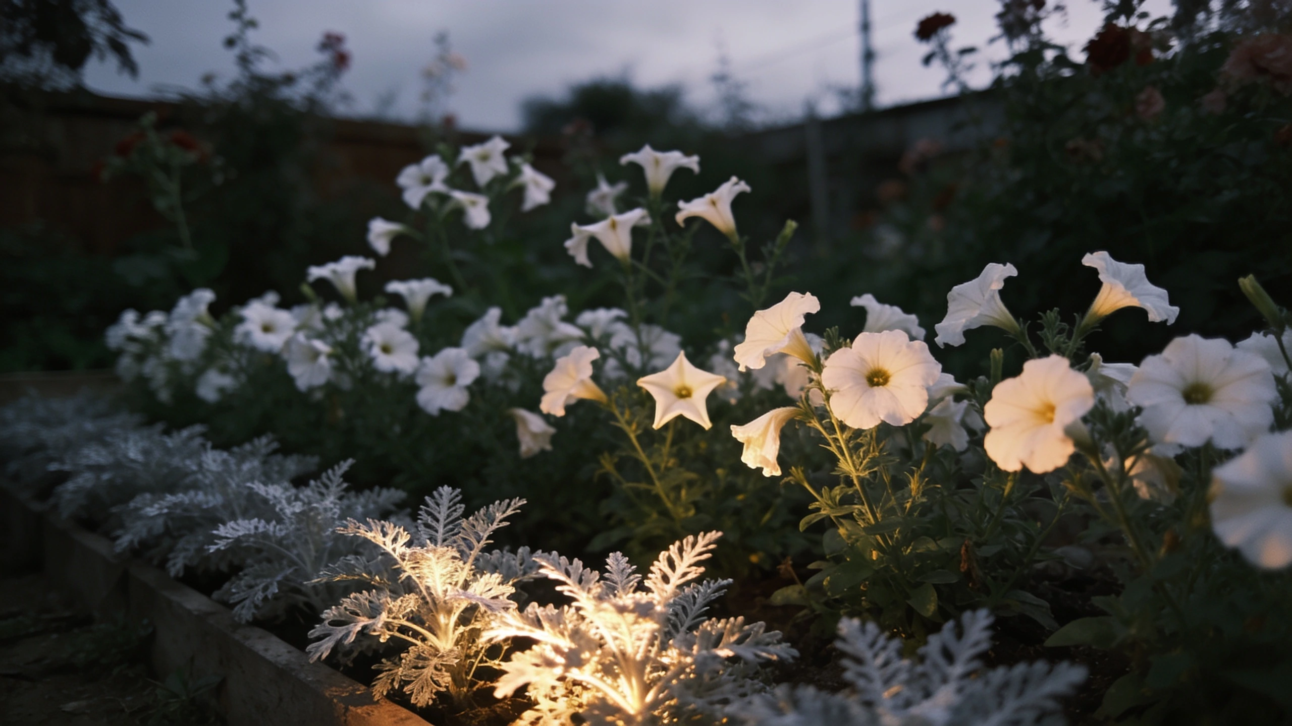 A white and silver border holding its light at dusk Border of white cosmos, nicotiana and silver artemisia glowing in low light after sunset