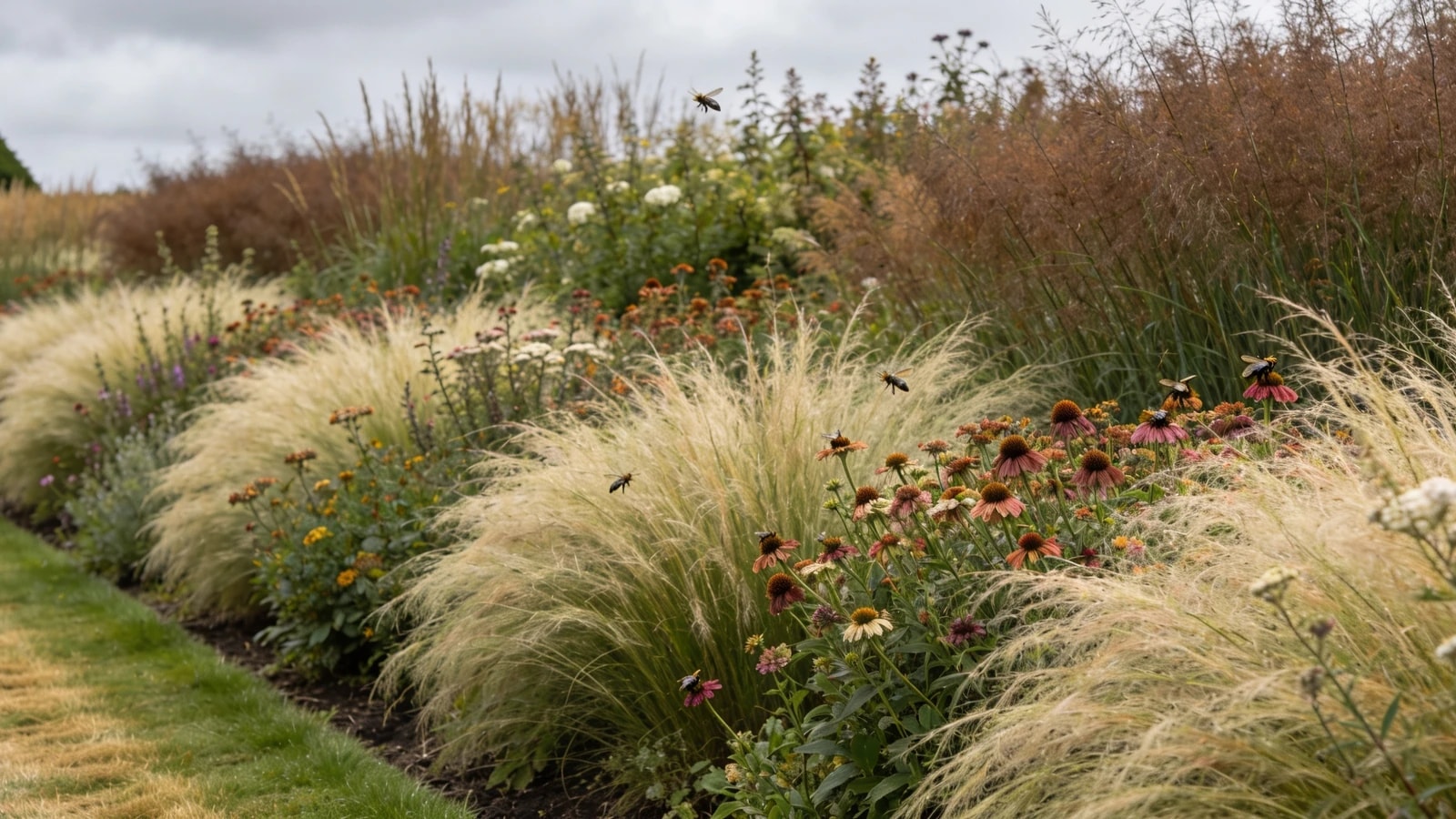 Large drifts of native grasses and perennials with a crisply mown strip along the front edge