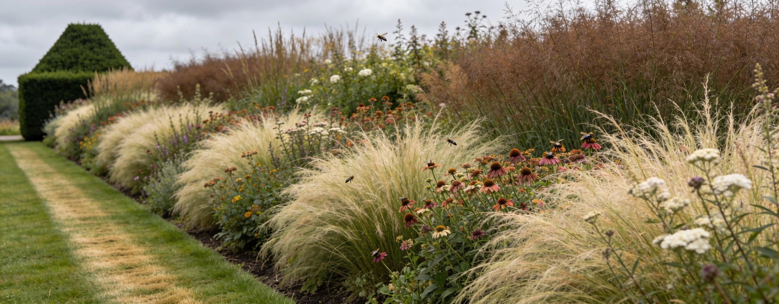 Loose native planting held by a tidy frame Large drifts of native grasses and perennials with a crisply mown strip along the front edge