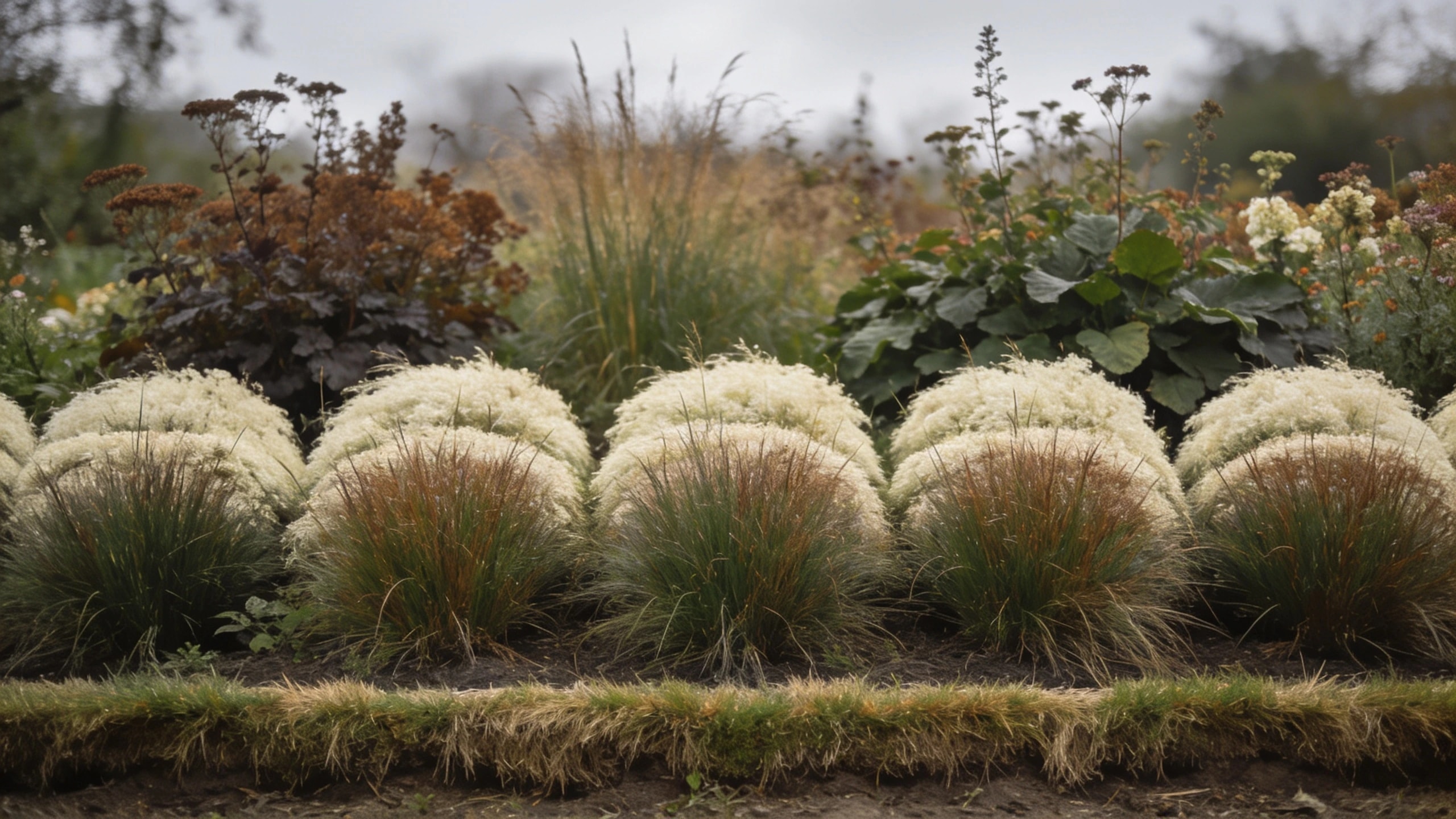 Native planting in bold groups rather than one of everything Border of native grasses and perennials planted in large repeated drifts with a mown edge