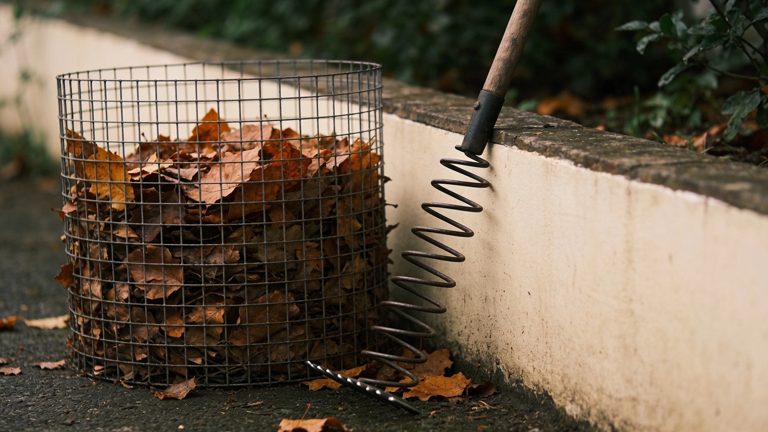 A wire cage of leaves becoming leaf mould Simple wire mesh cage filled with fallen leaves beside a border with a rake resting against it