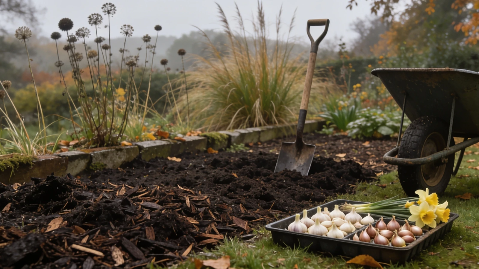 Half mulched autumn bed with a barrow, garlic cloves and bulbs waiting, seed heads left standing