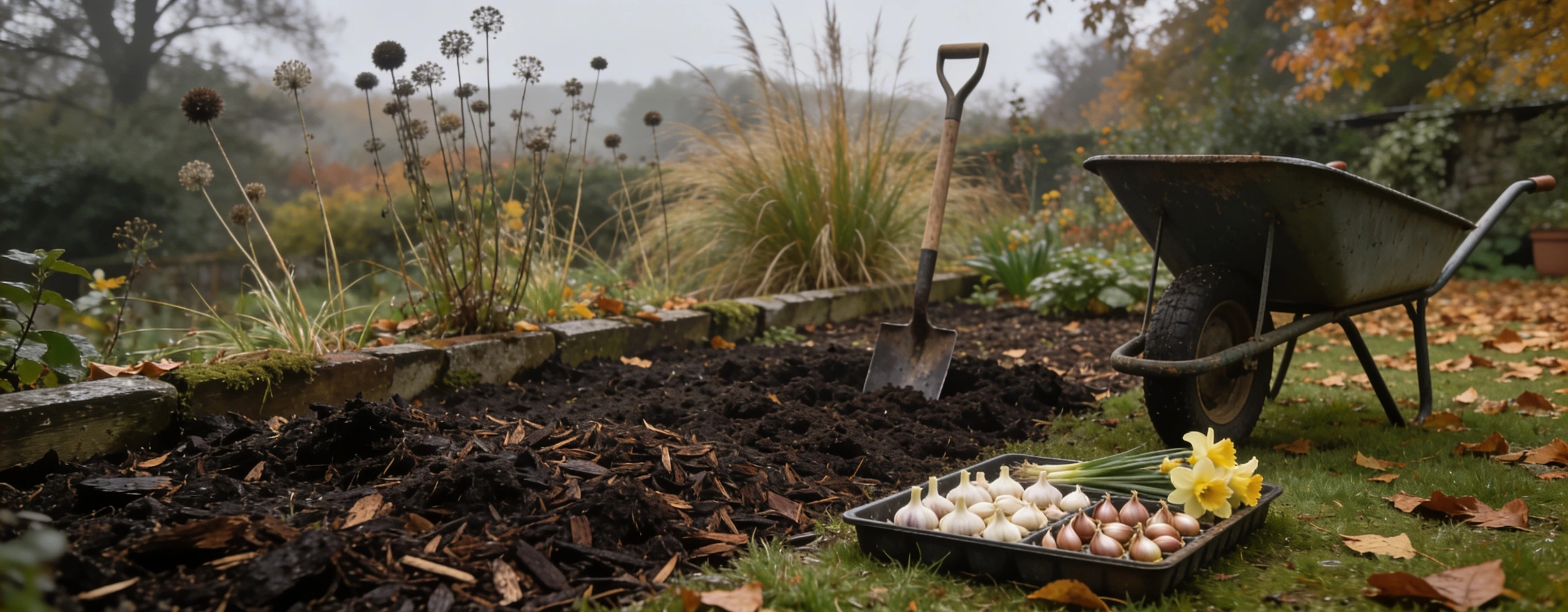 The three October jobs that actually change next year Half mulched autumn bed with a barrow, garlic cloves and bulbs waiting, seed heads left standing