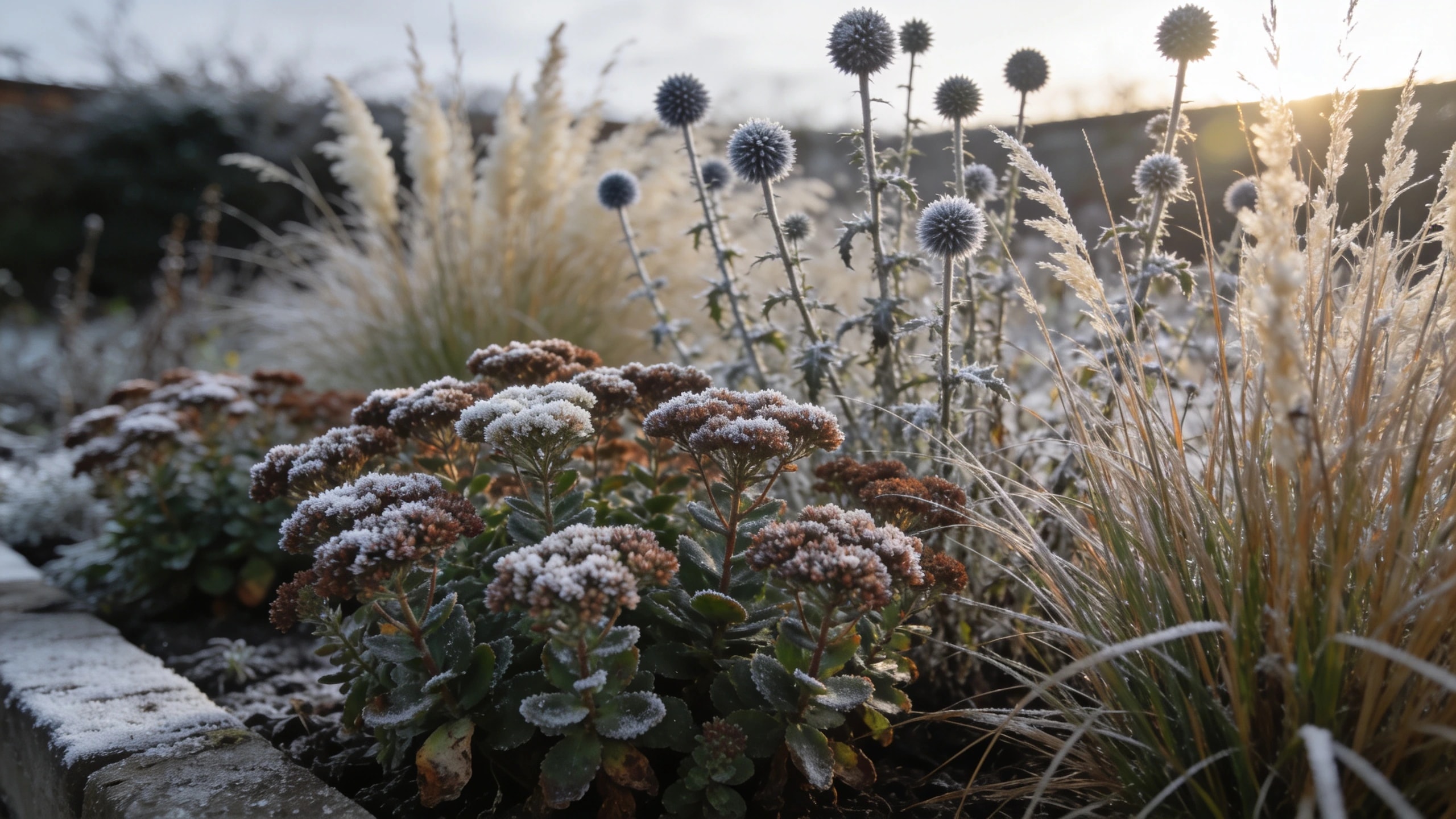 Seed heads left standing, which is both habitat and the best winter view Frosted seed heads of sedum, echinops and ornamental grasses standing in a border in low sun